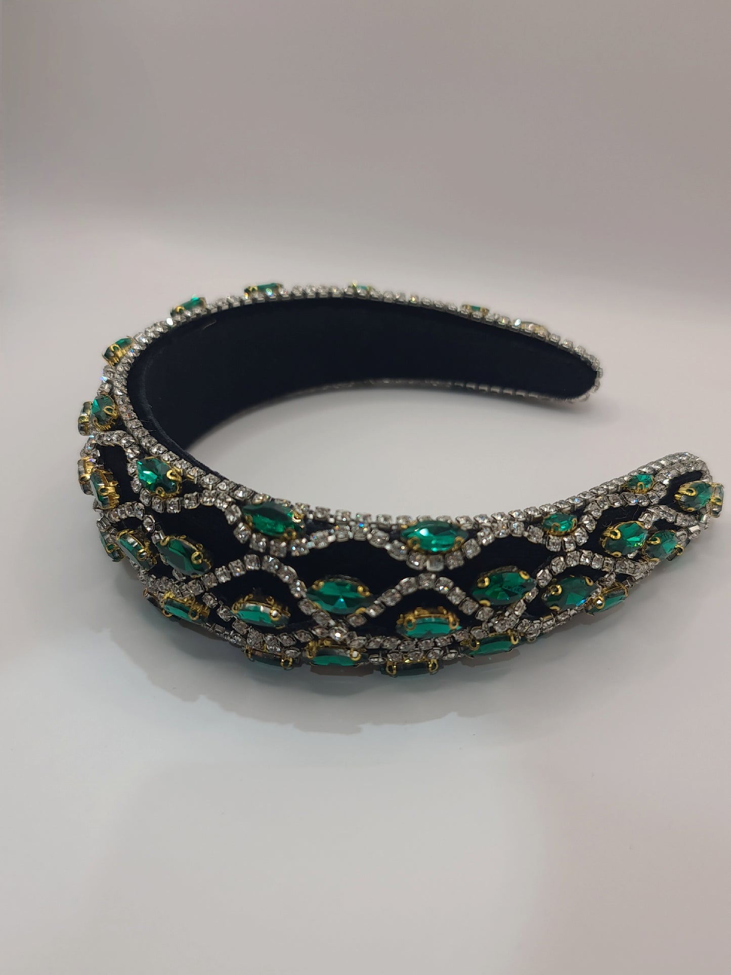 Rhinestone Velvet Padded Headband - green and white