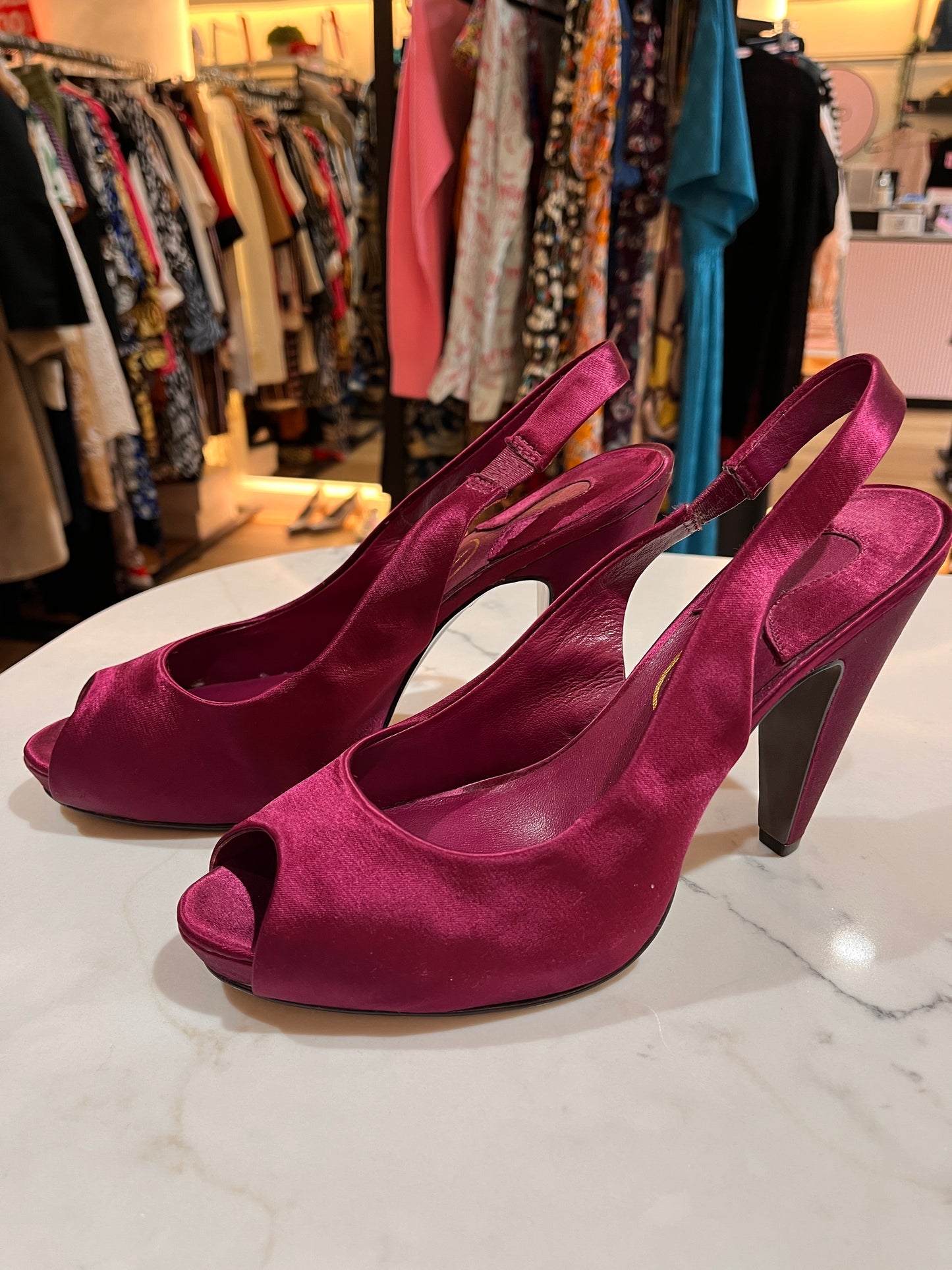 ASH Berry Red Satin Peep Toe Pumps Size 40 NEW