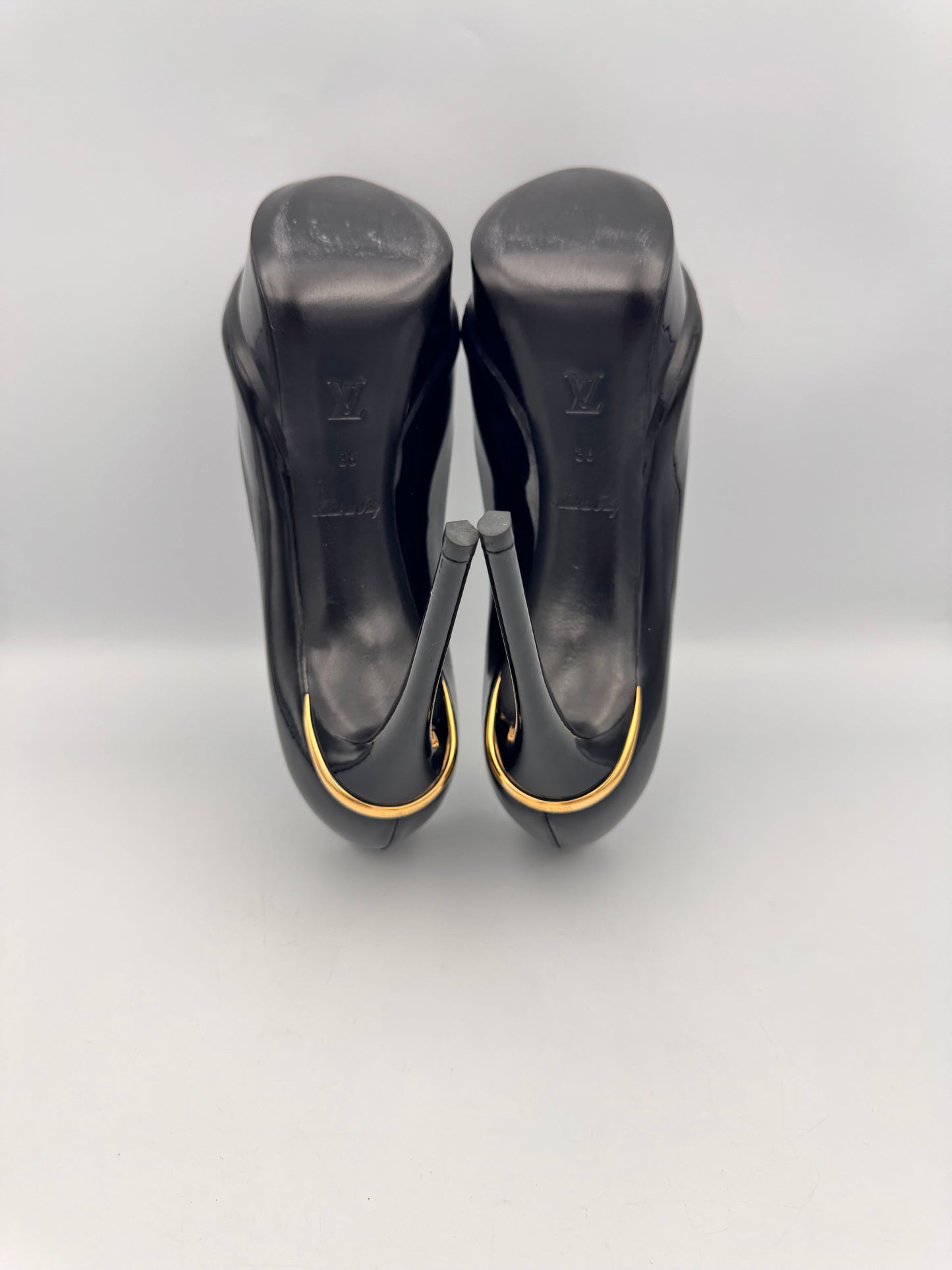 LOUIS VUITTON Black Patent Peeptoe Stilettos size 38