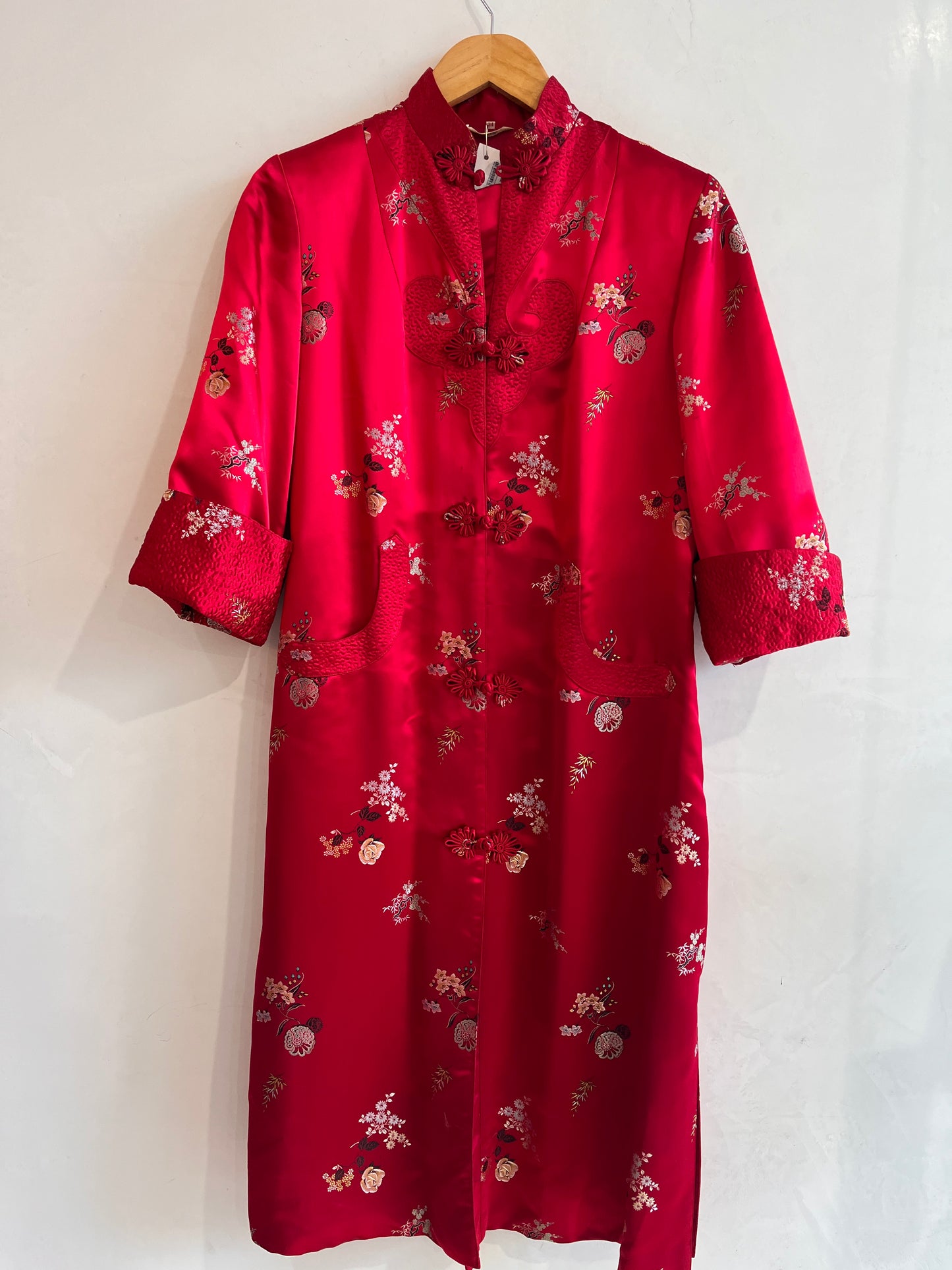 Vintage Red Satin Mandarin Long Jacket S