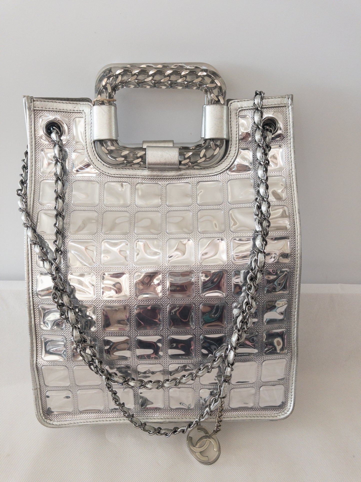 Authentic CHANEL Silver Vinyl Ice-cube Tote/Shoulder Bag