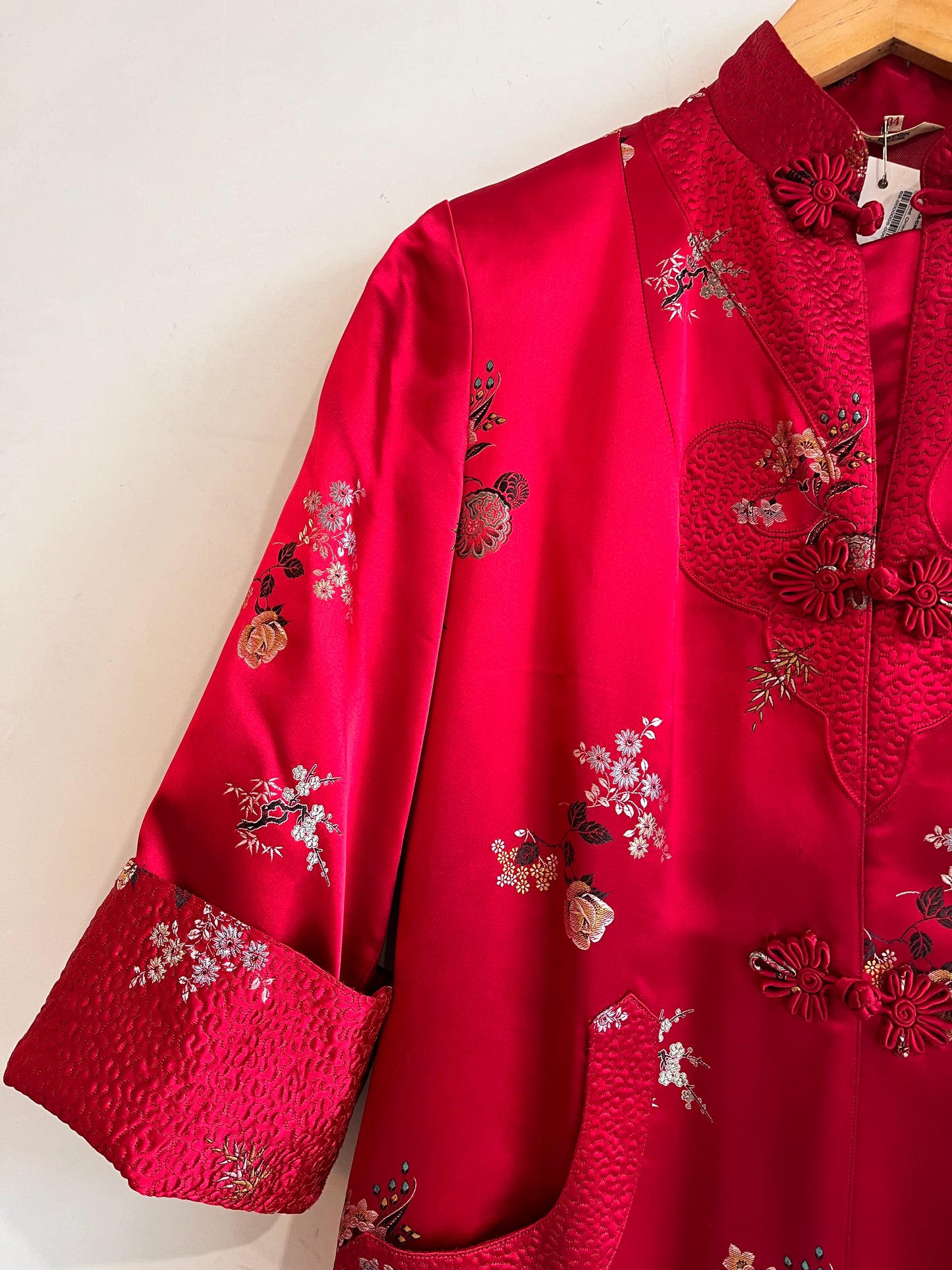 Vintage Red Satin Mandarin Long Jacket S