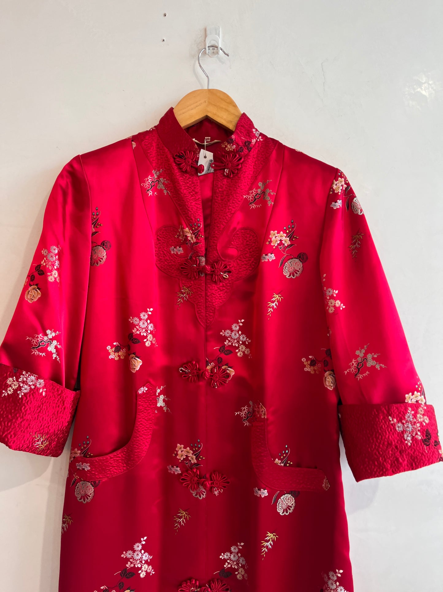 Vintage Red Satin Mandarin Long Jacket S