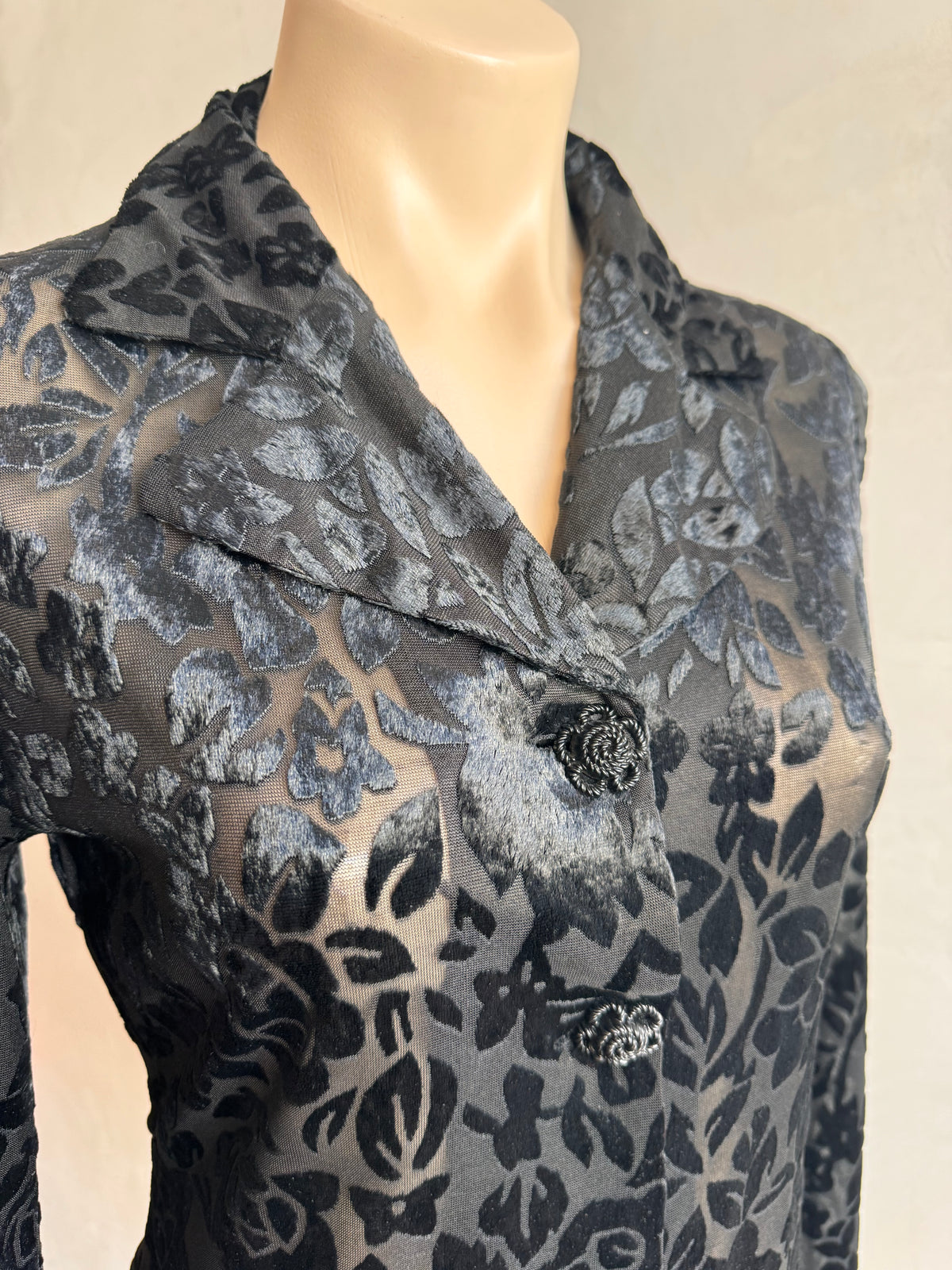 Vintage Black Velvet embossed mesh shirt - size M