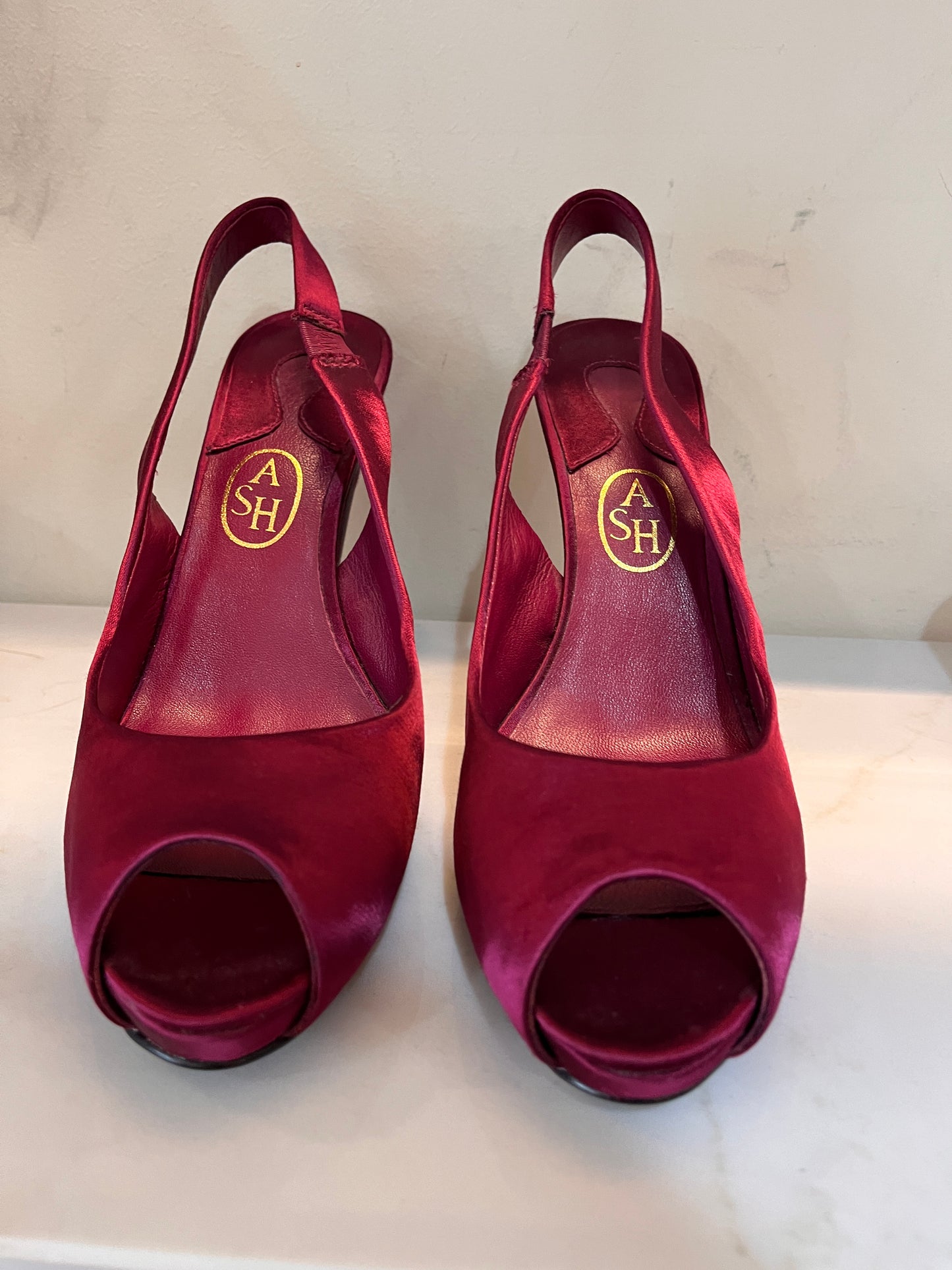 ASH Berry Red Satin Peep Toe Pumps Size 40 NEW
