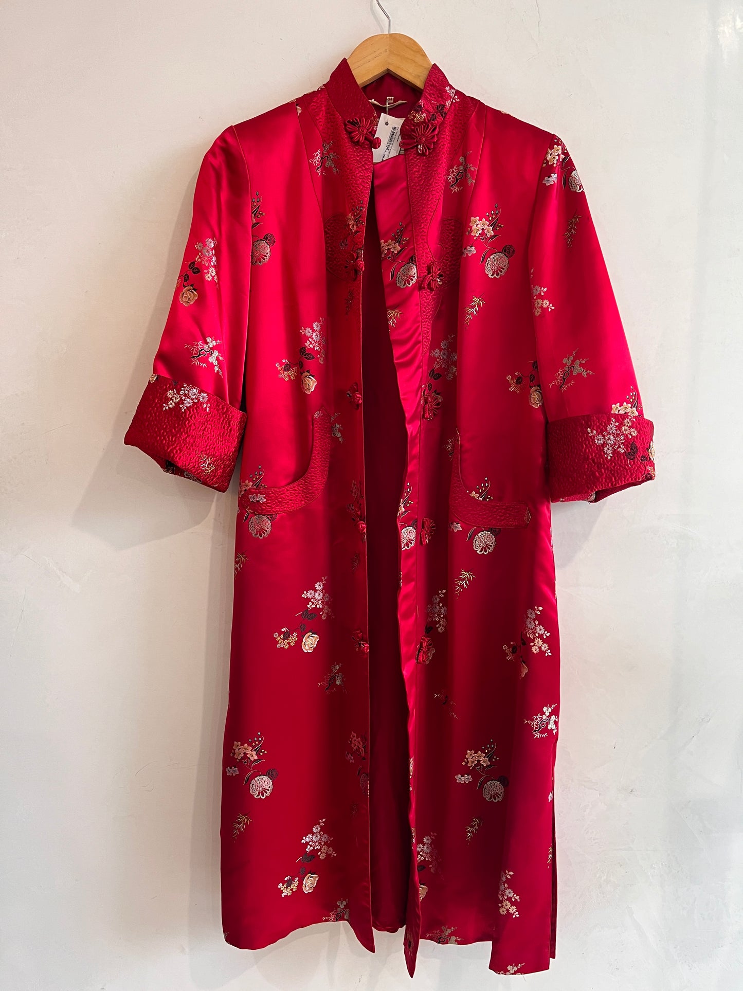 Vintage Red Satin Mandarin Long Jacket S