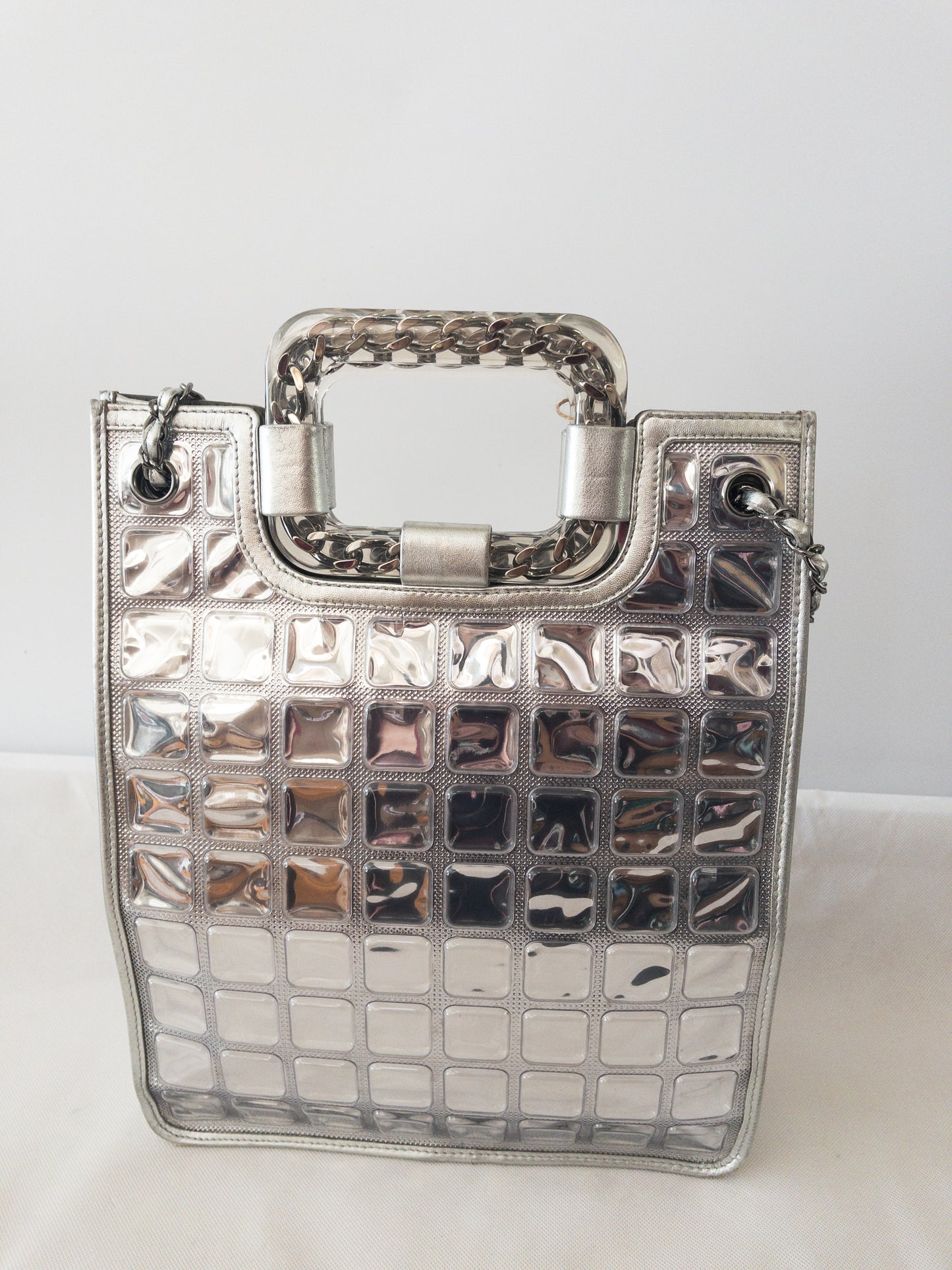 Authentic CHANEL Silver Vinyl Ice-cube Tote/Shoulder Bag