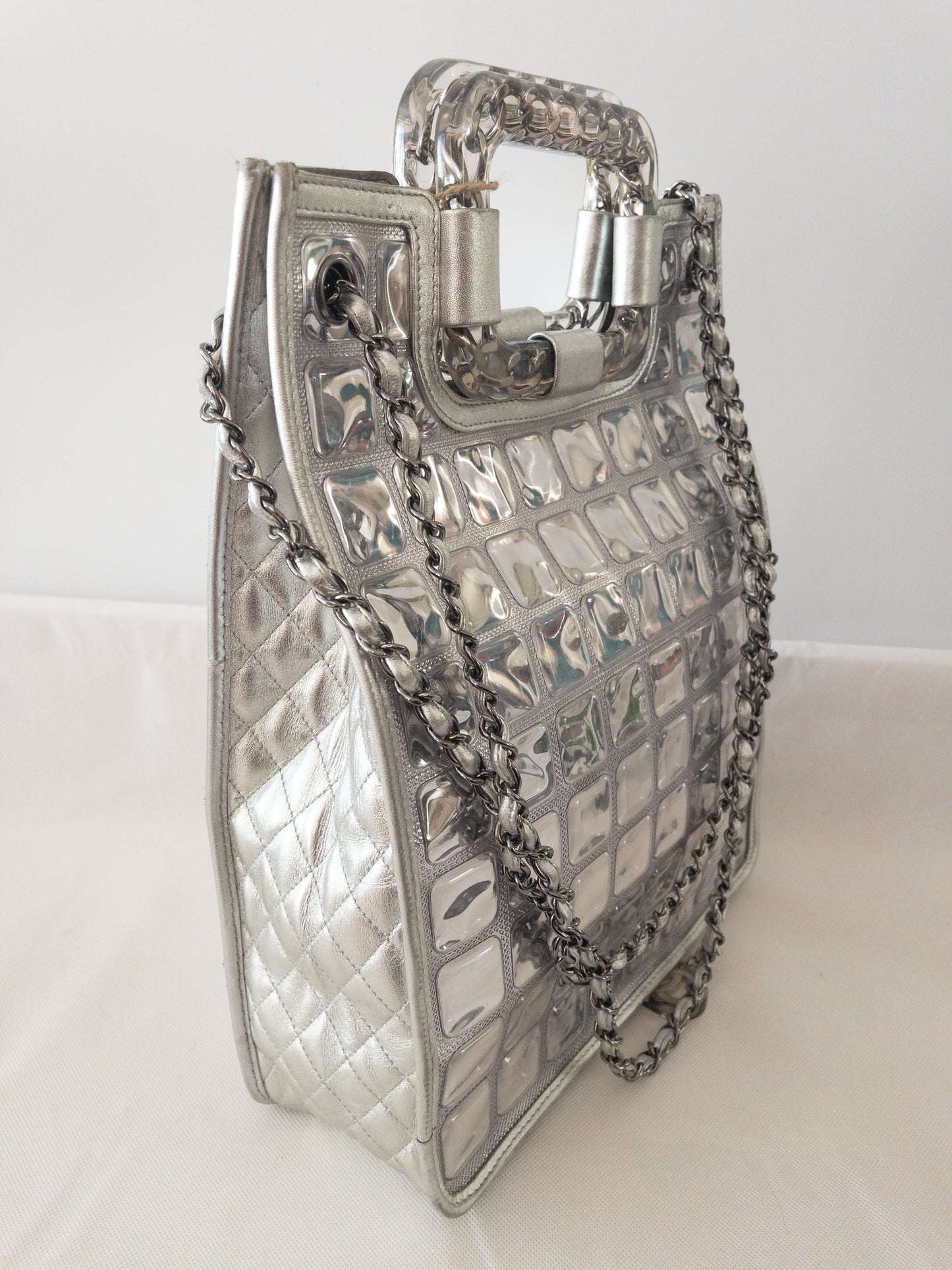 Authentic CHANEL Silver Vinyl Ice-cube Tote/Shoulder Bag