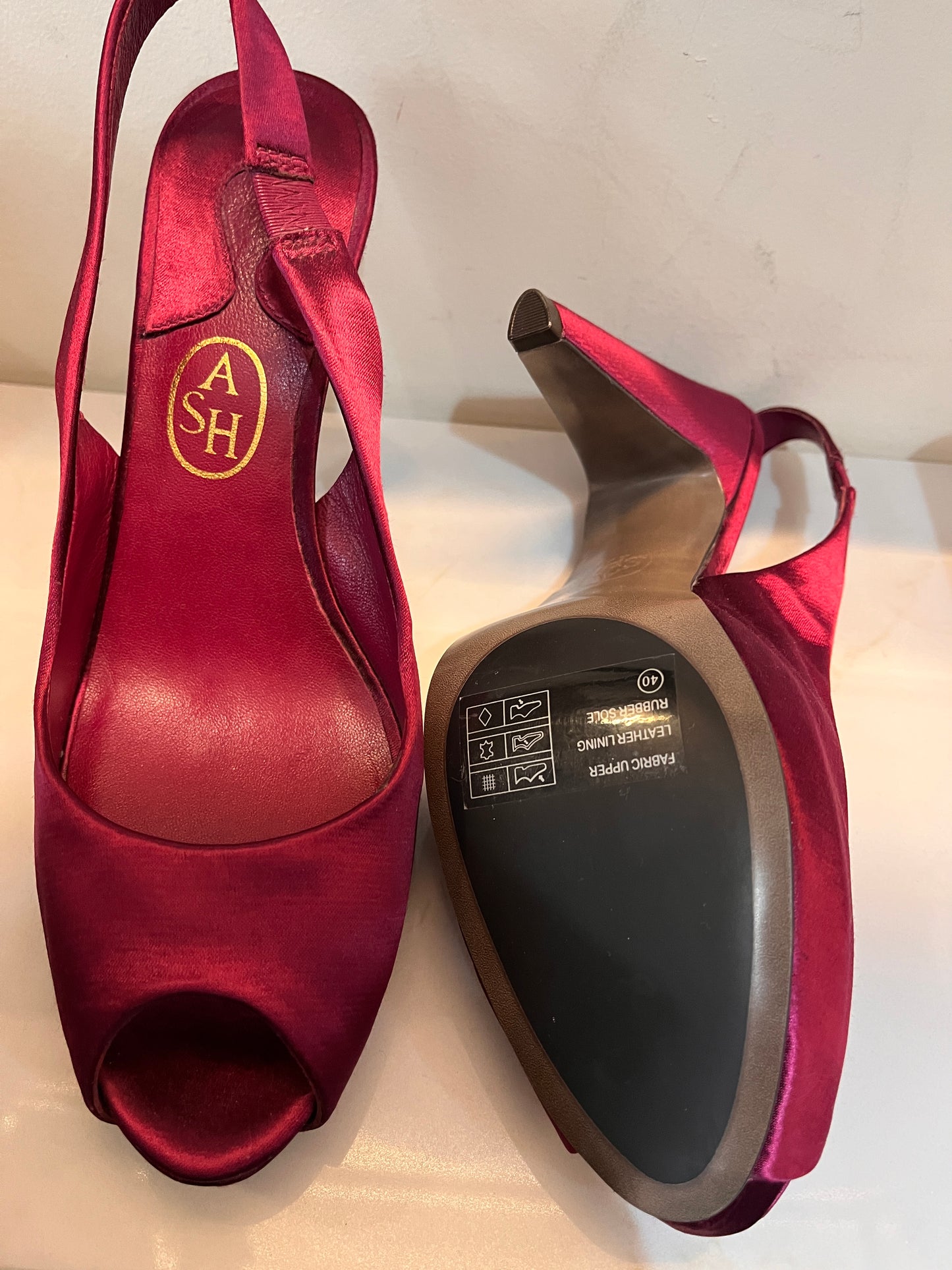 ASH Berry Red Satin Peep Toe Pumps Size 40 NEW