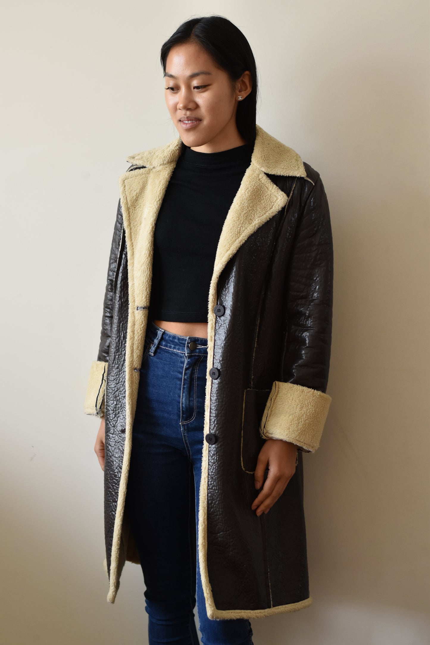 Vintage Bettina Liano Dark Brown Faux Shearling Coat S-M