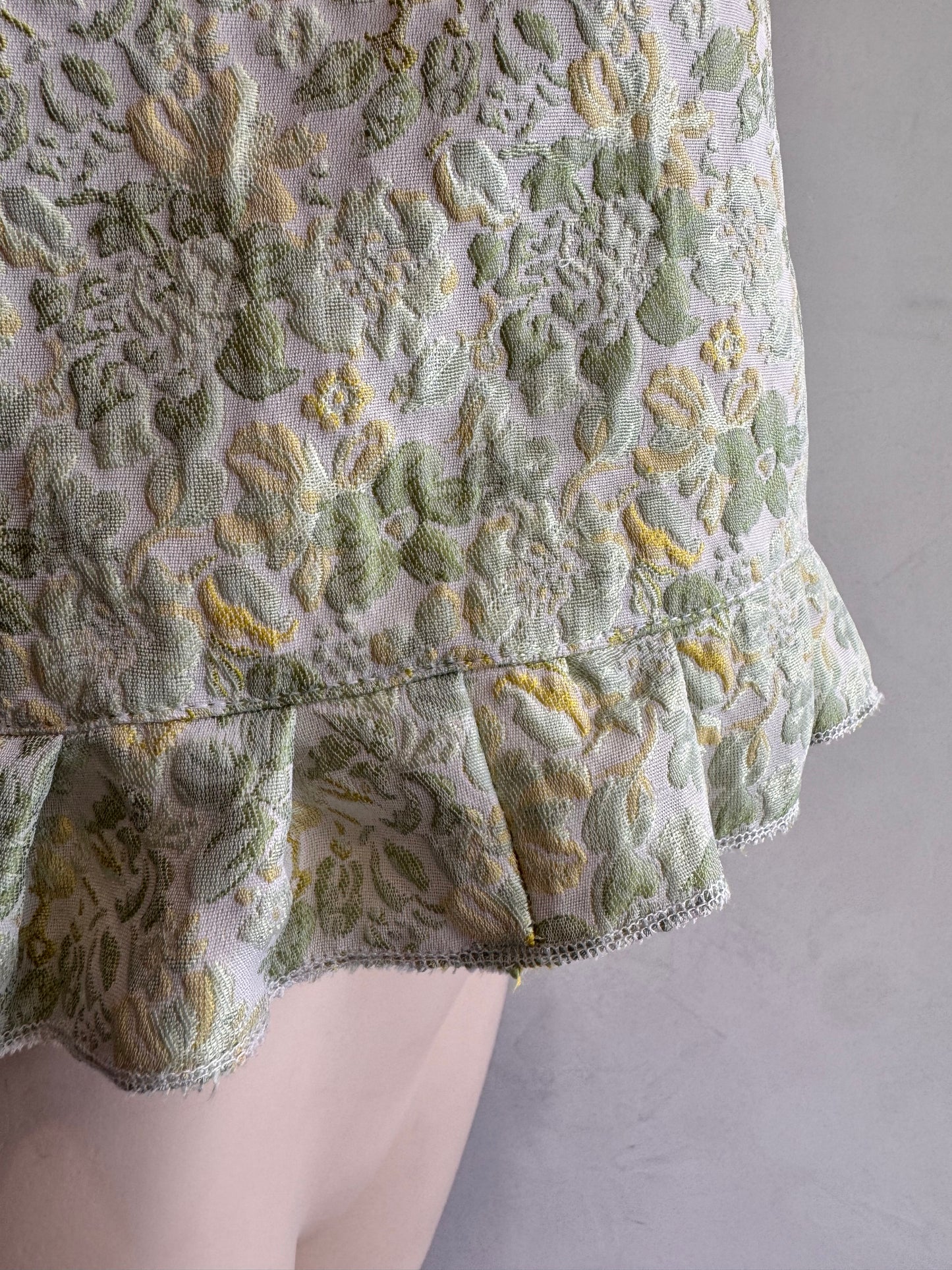 Green Brocade Frill Hem Crop Top - size M