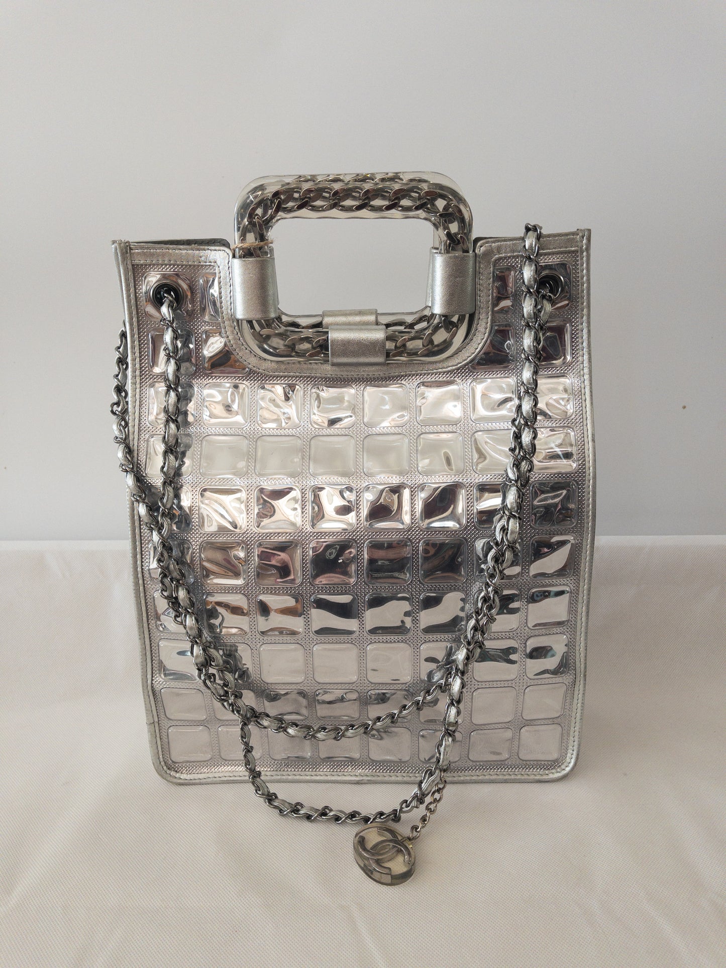 Authentic CHANEL Silver Vinyl Ice-cube Tote/Shoulder Bag