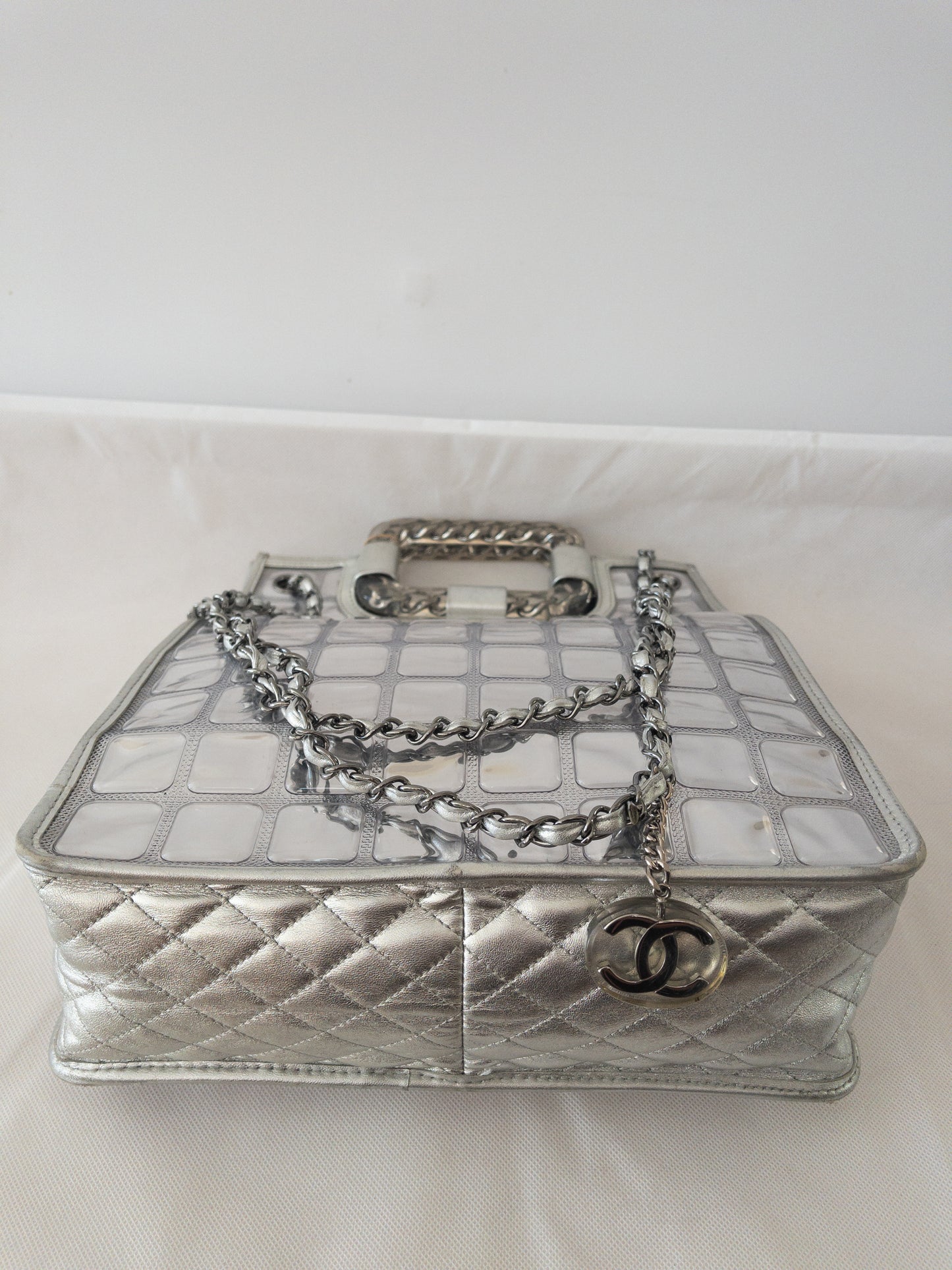 Authentic CHANEL Silver Vinyl Ice-cube Tote/Shoulder Bag