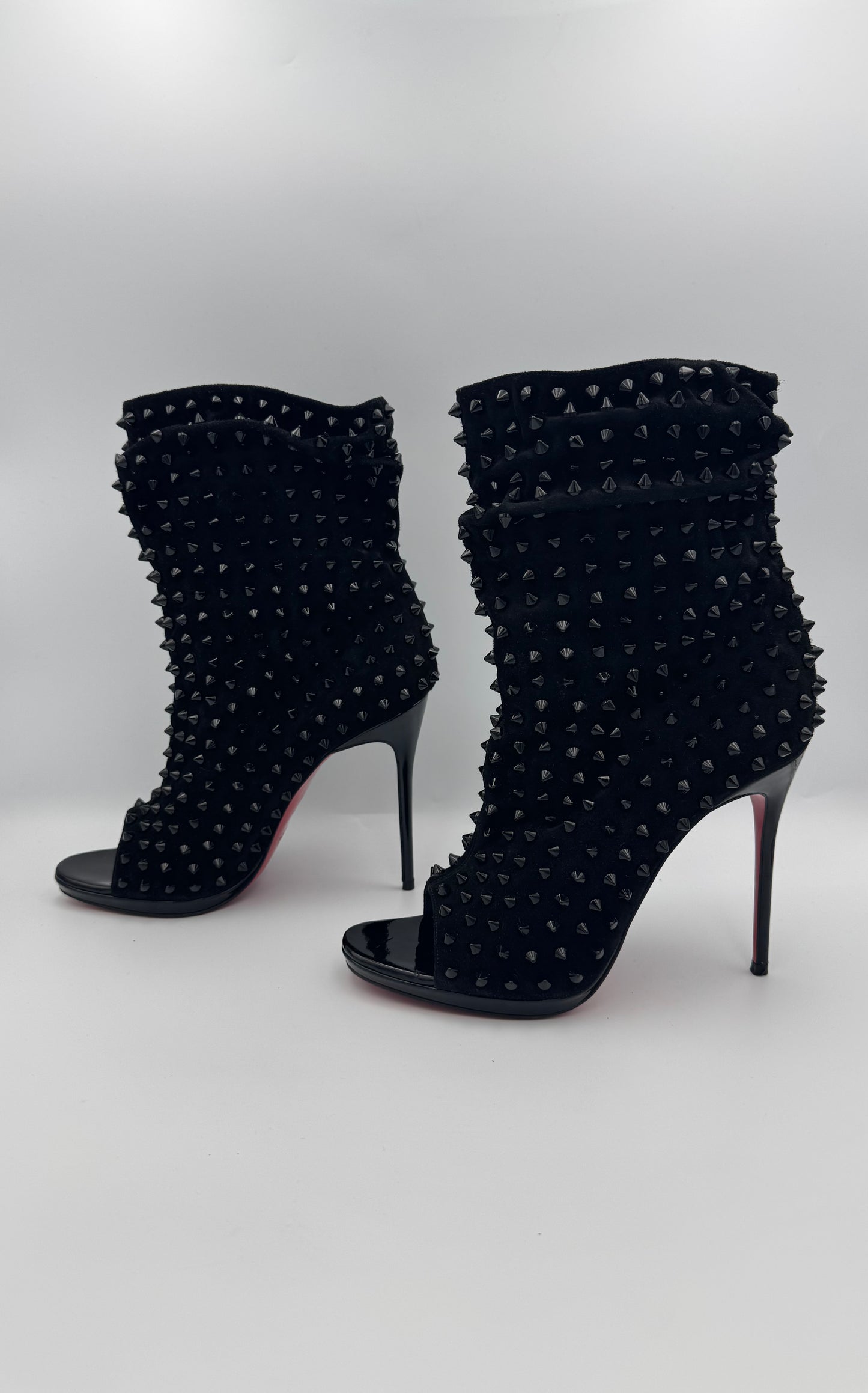 Christian Louboutin Black Spike Suede Guerrilla Open Toe Slouchy Ankle Boots Sz 39.5