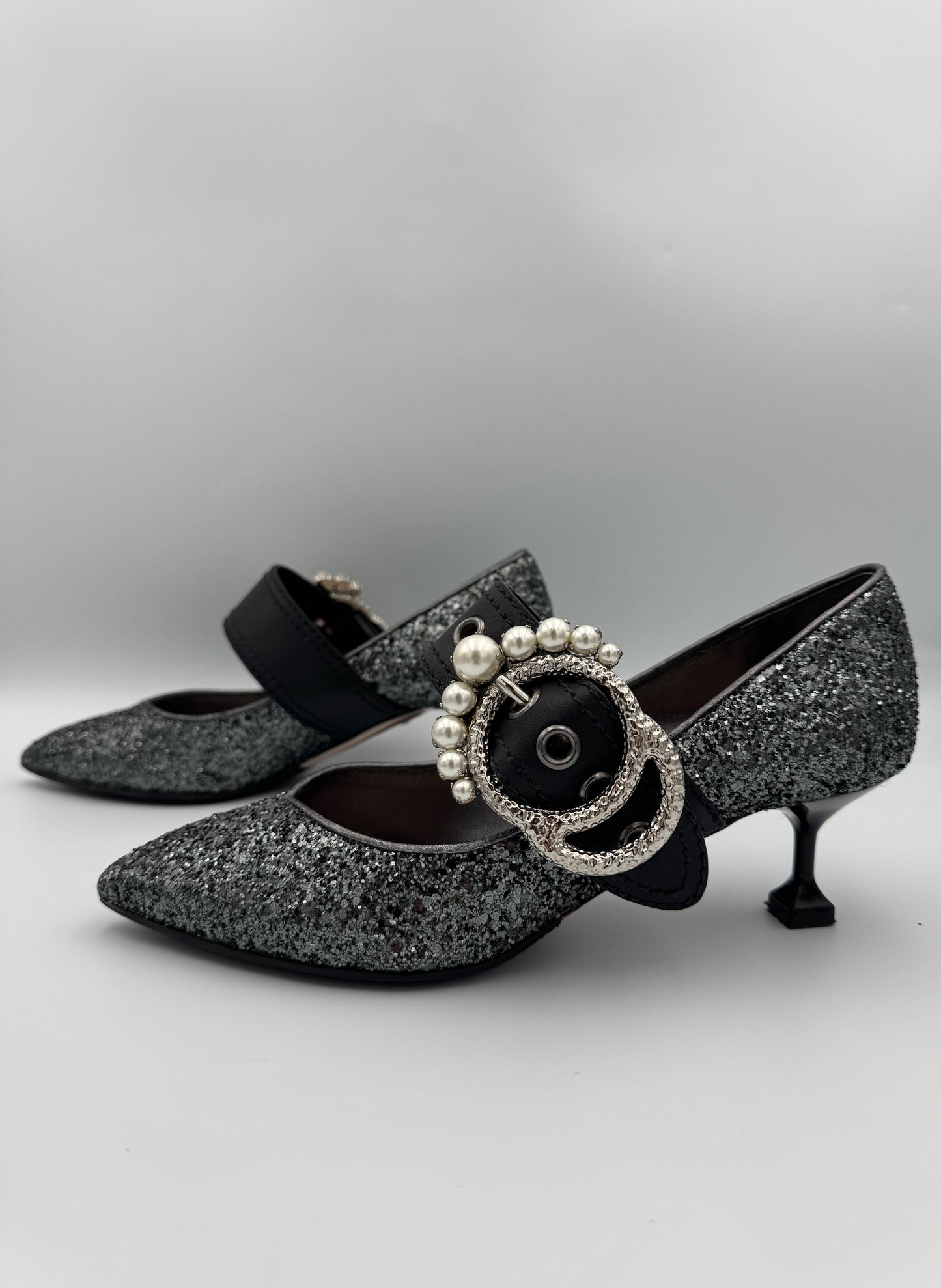 MIU MIU Glitter Pearl Buckle Detail Heels Size 36.5