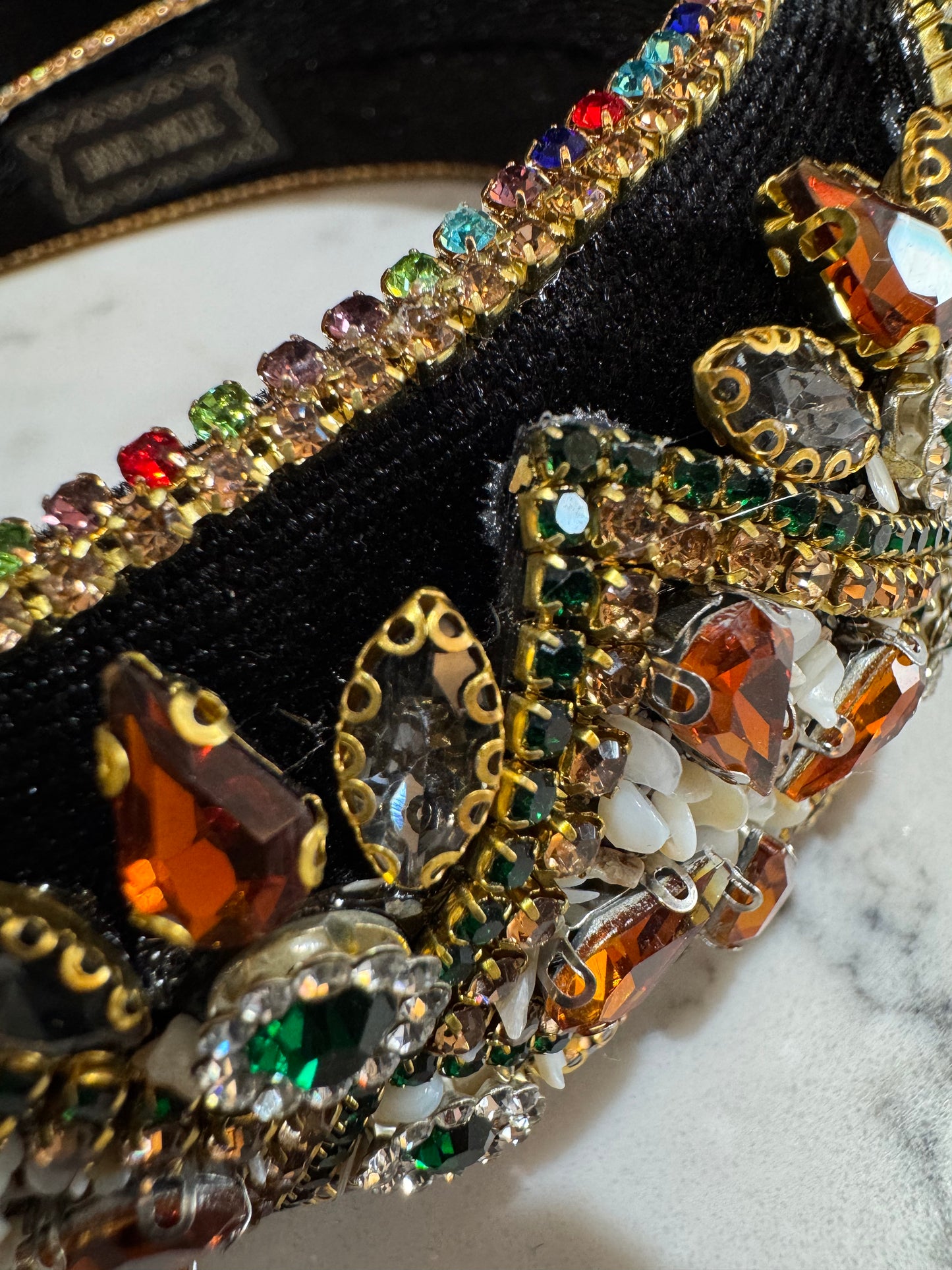 Rhinestone Velvet Padded Headband - Orange and Green