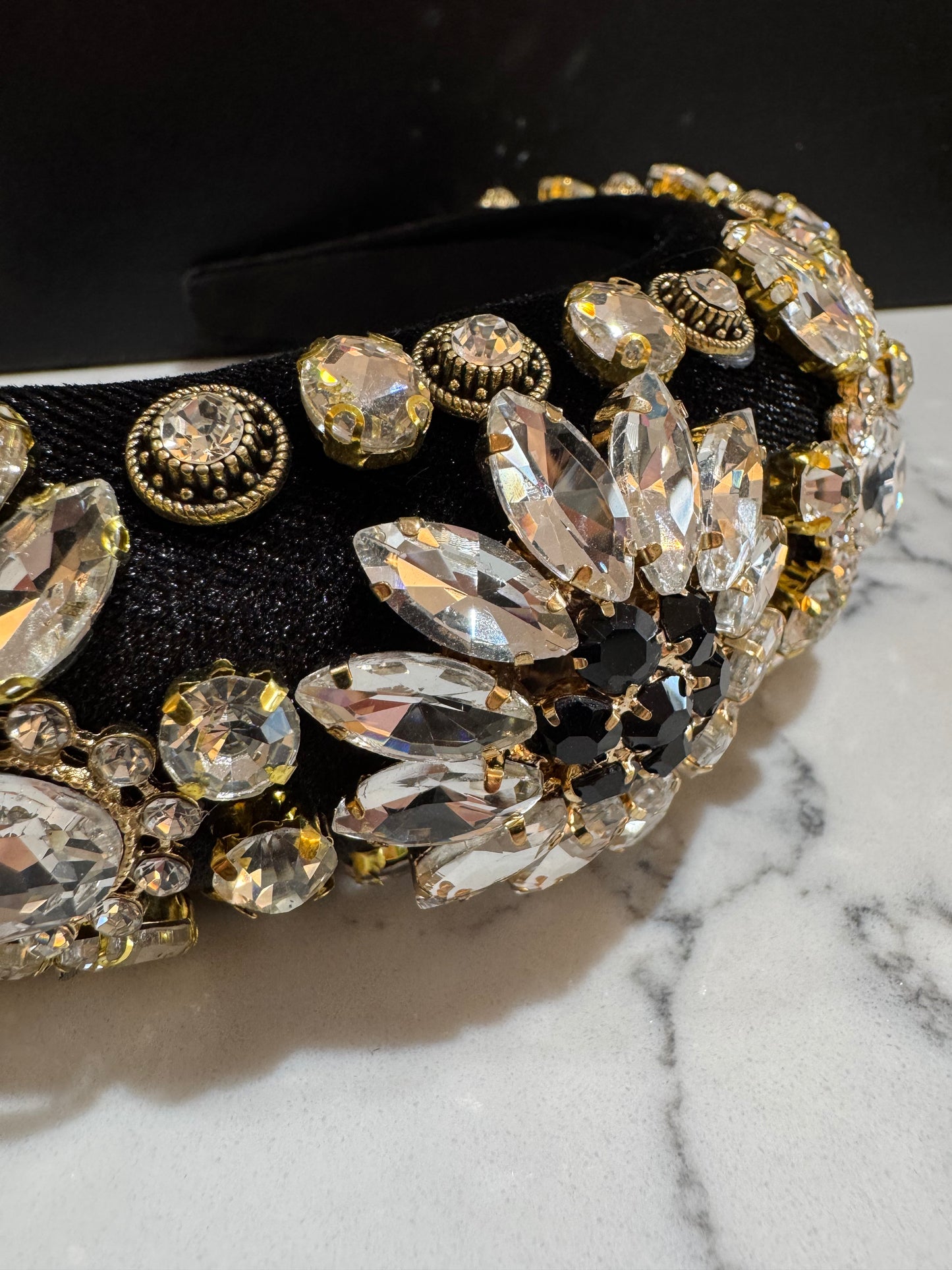 Rhinestone Velvet Padded Headband - Black and White