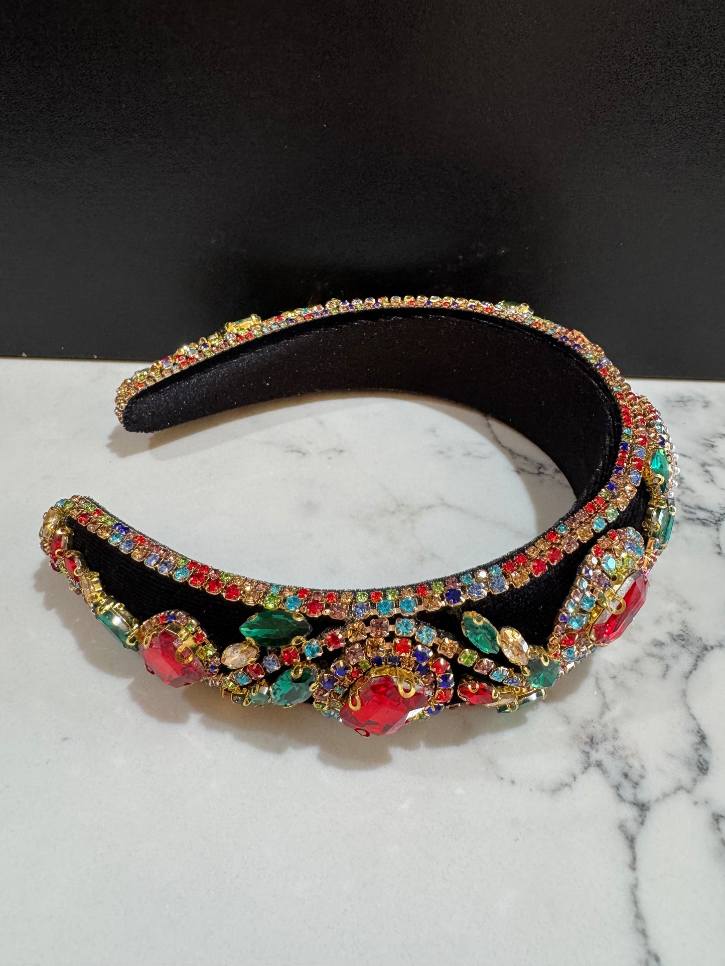 Rhinestone Velvet Padded Headband - Red,Green, and Rainbow