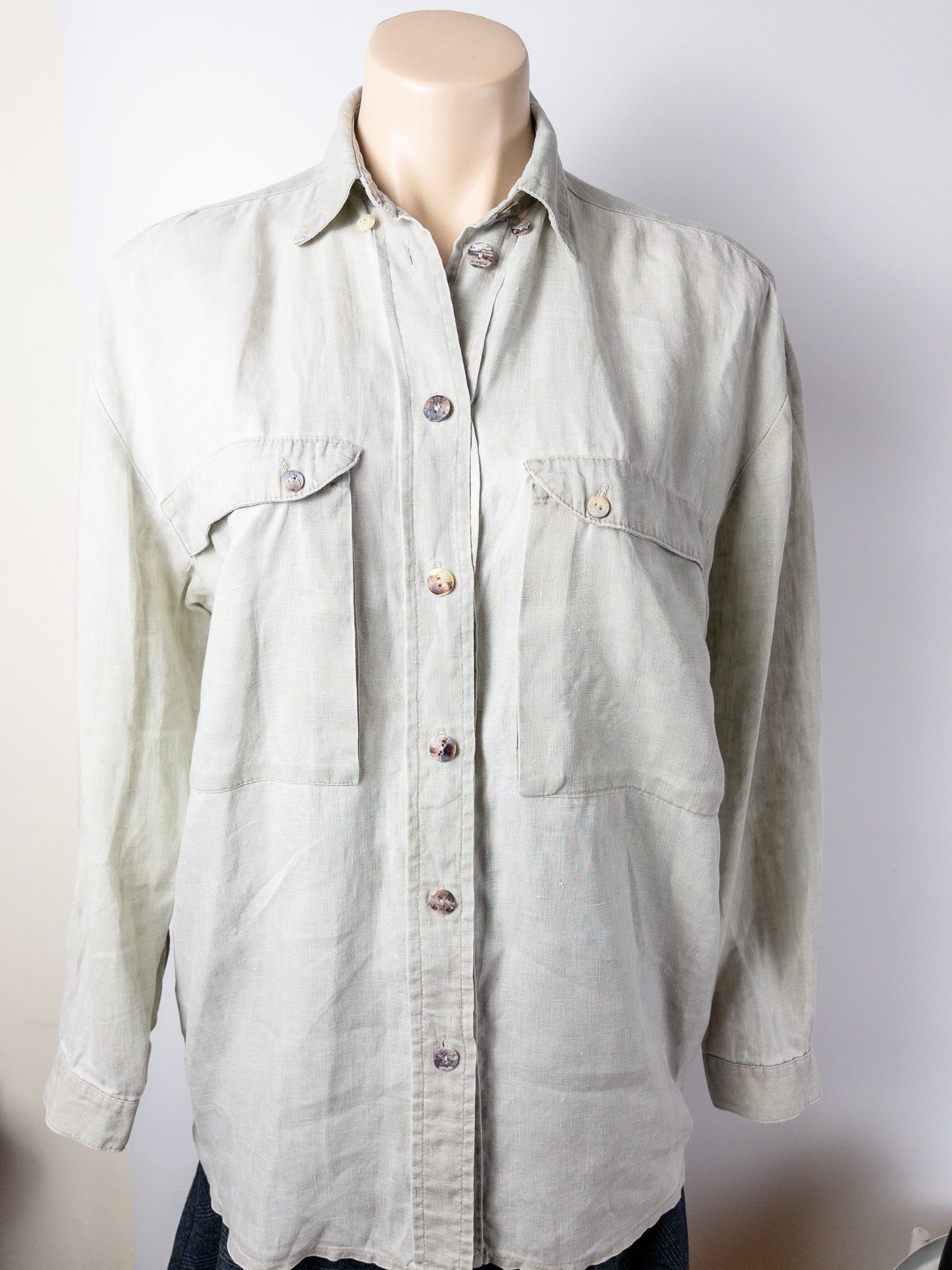 Vintage CUE Khaki Oversized Sage Linen Shirt Size 10
