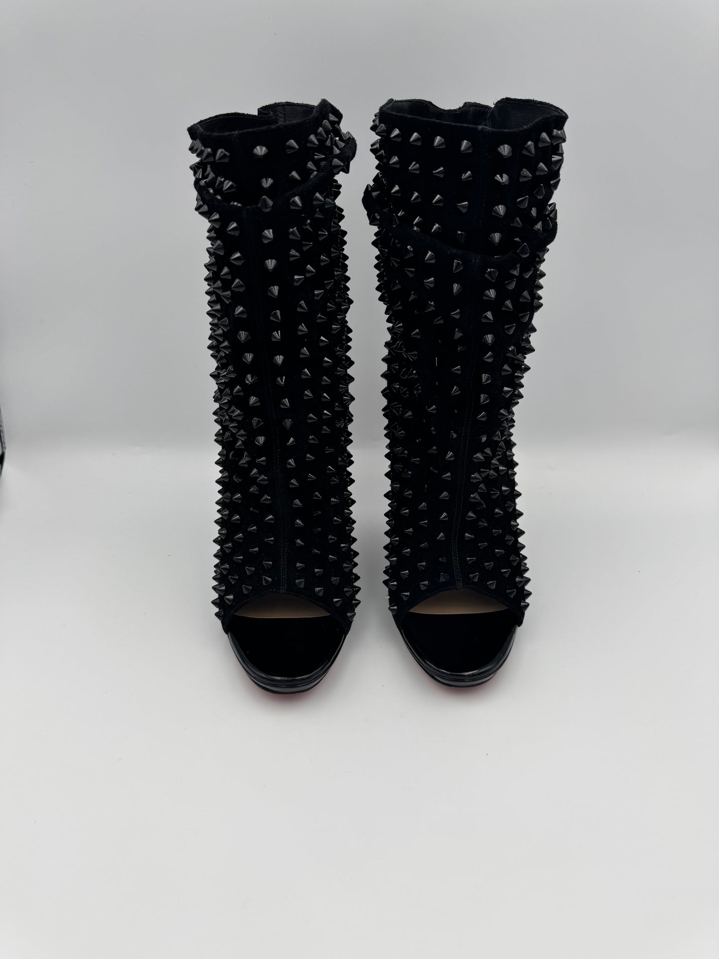 Christian Louboutin Black Spike Suede Guerrilla Open Toe Slouchy Ankle Boots Sz 39.5