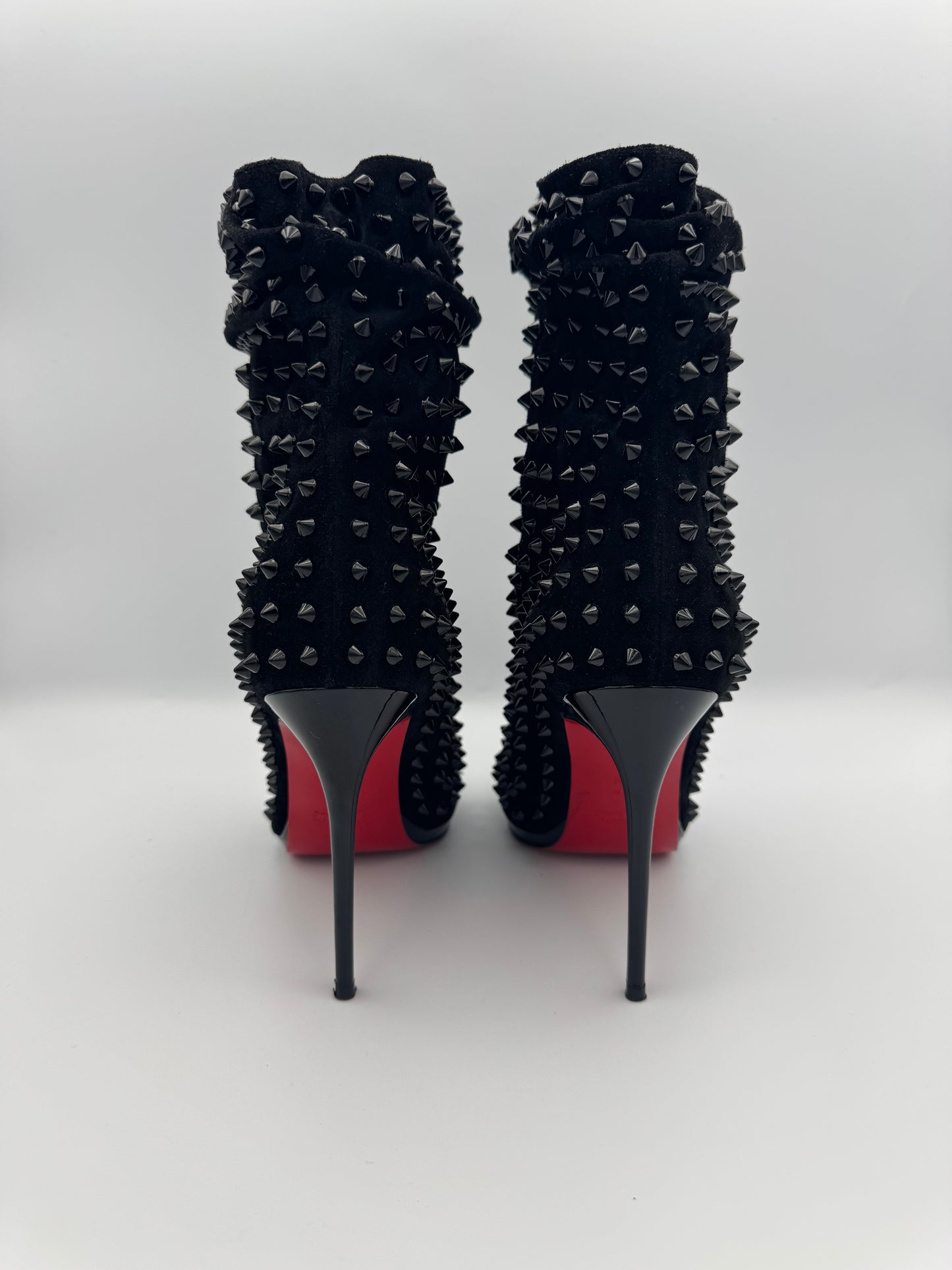 Christian Louboutin Black Spike Suede Guerrilla Open Toe Slouchy Ankle Boots Sz 39.5