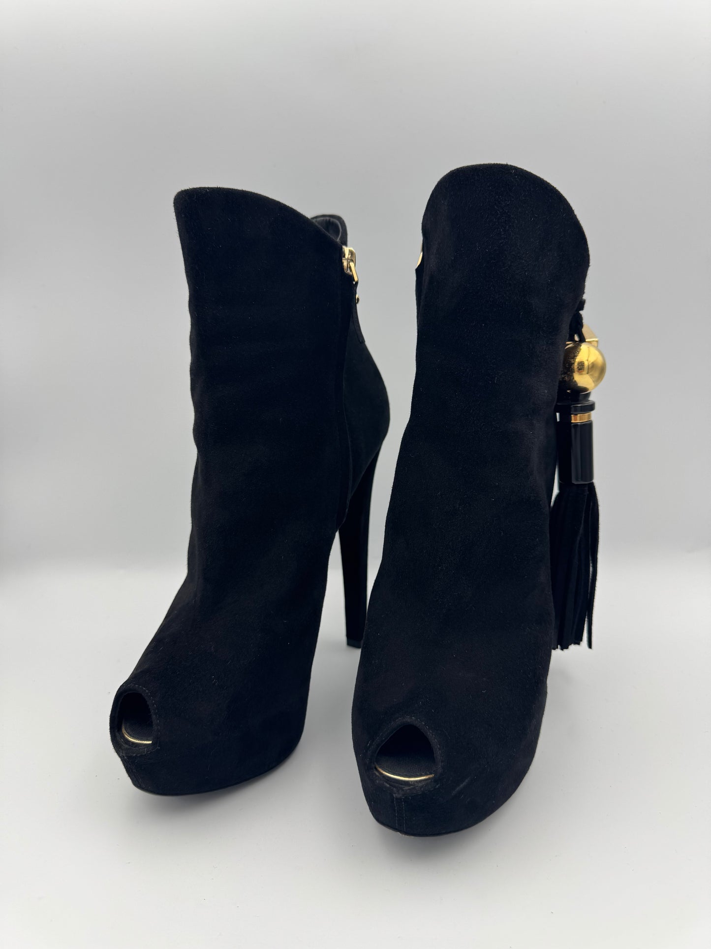Louis Vuitton Black Suede Tassel Peep Toe Platform Booties Size 39