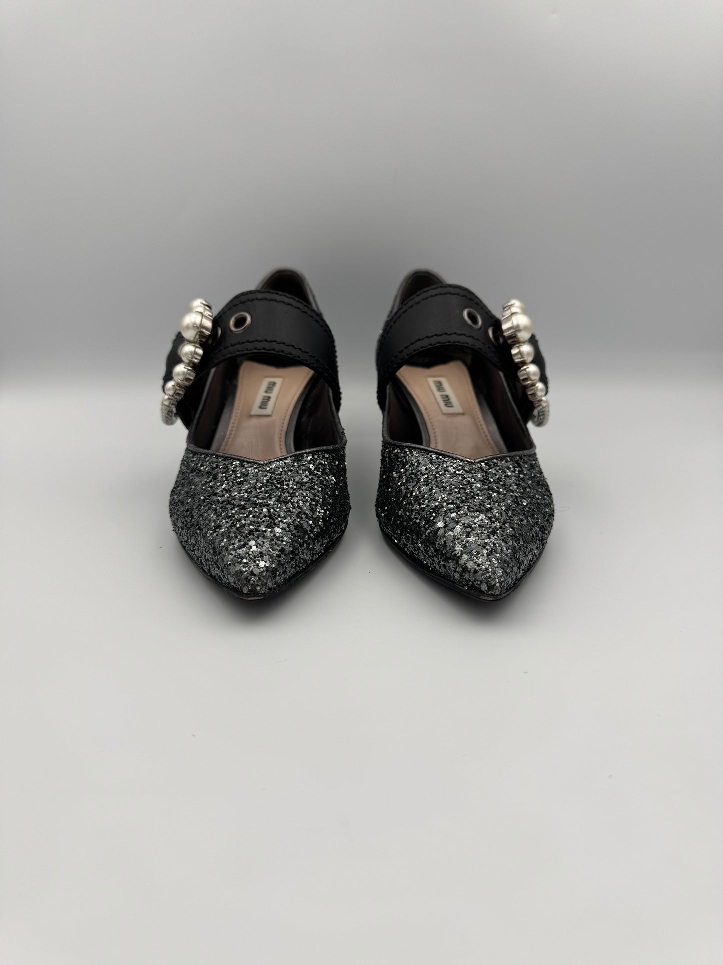 MIU MIU Glitter Pearl Buckle Detail Heels Size 36.5