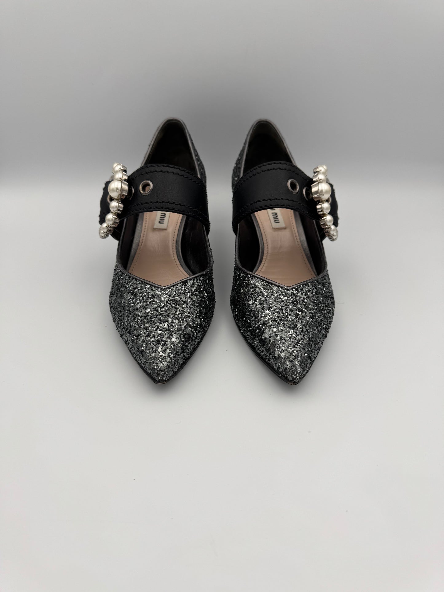 MIU MIU Glitter Pearl Buckle Detail Heels Size 36.5