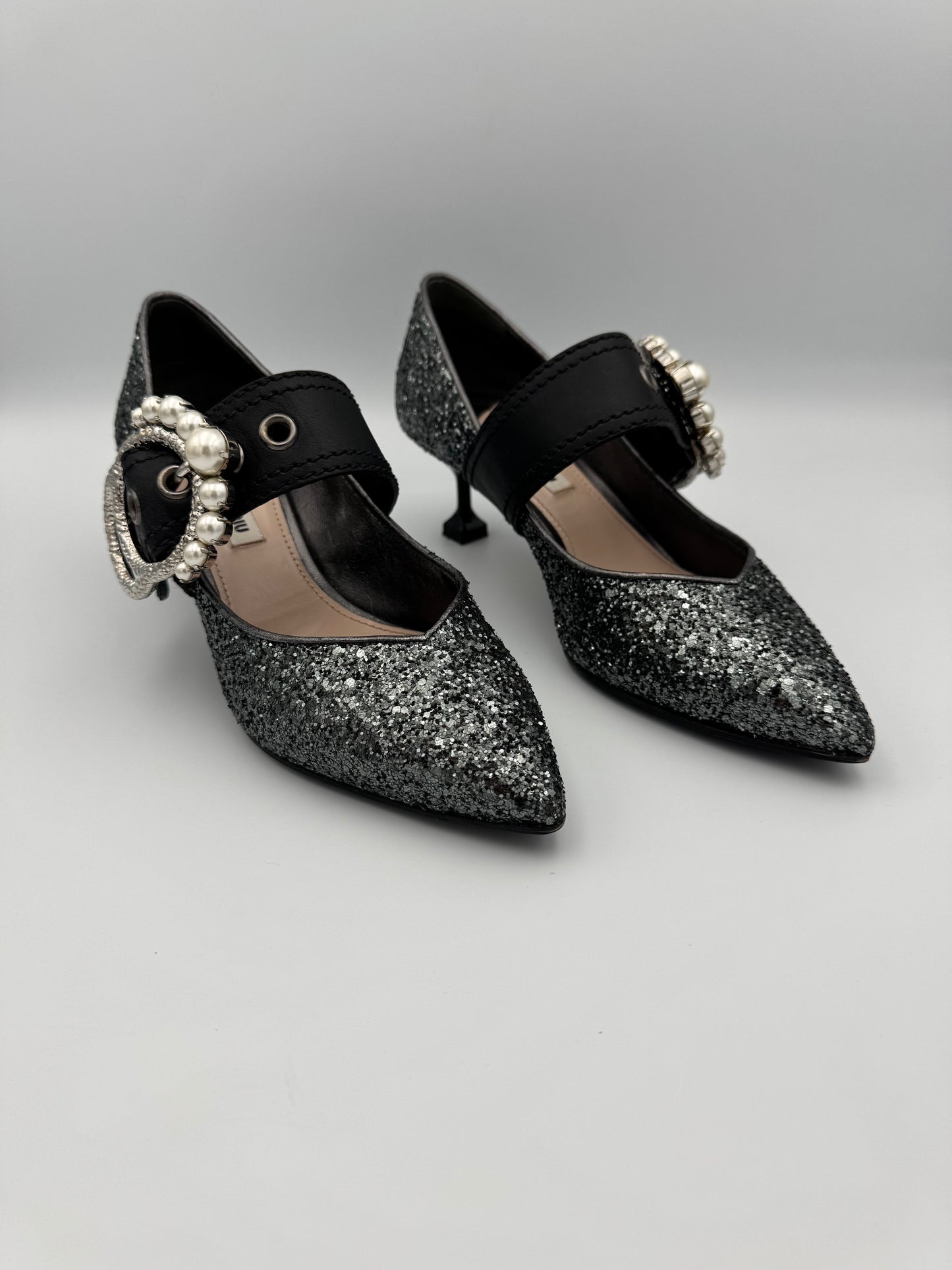 MIU MIU Glitter Pearl Buckle Detail Heels Size 36.5