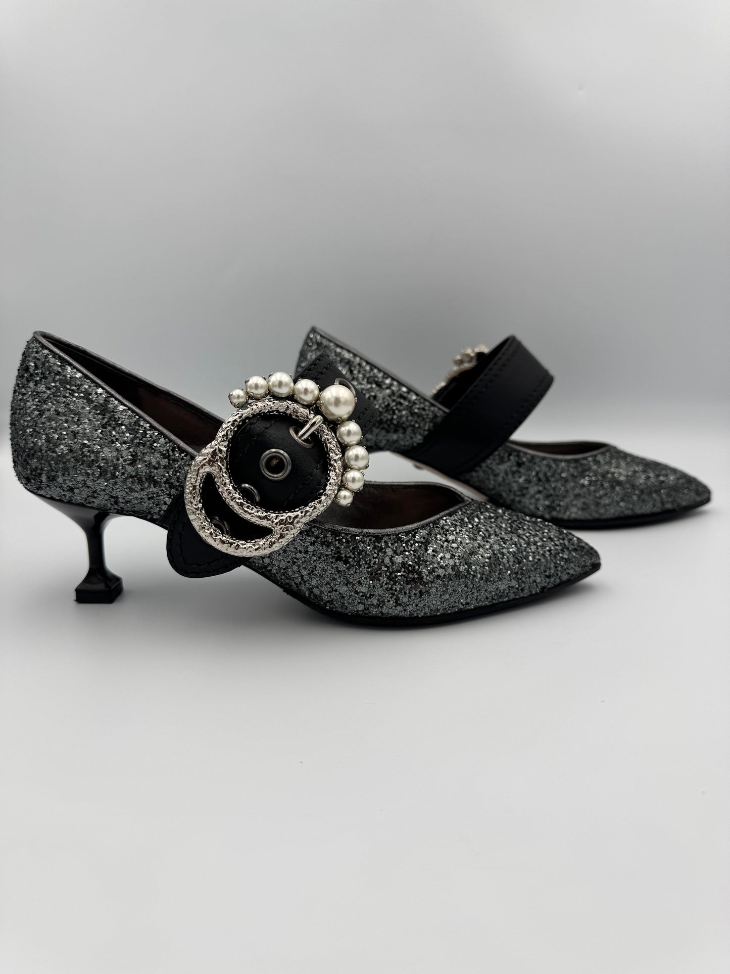 MIU MIU Glitter Pearl Buckle Detail Heels Size 36.5