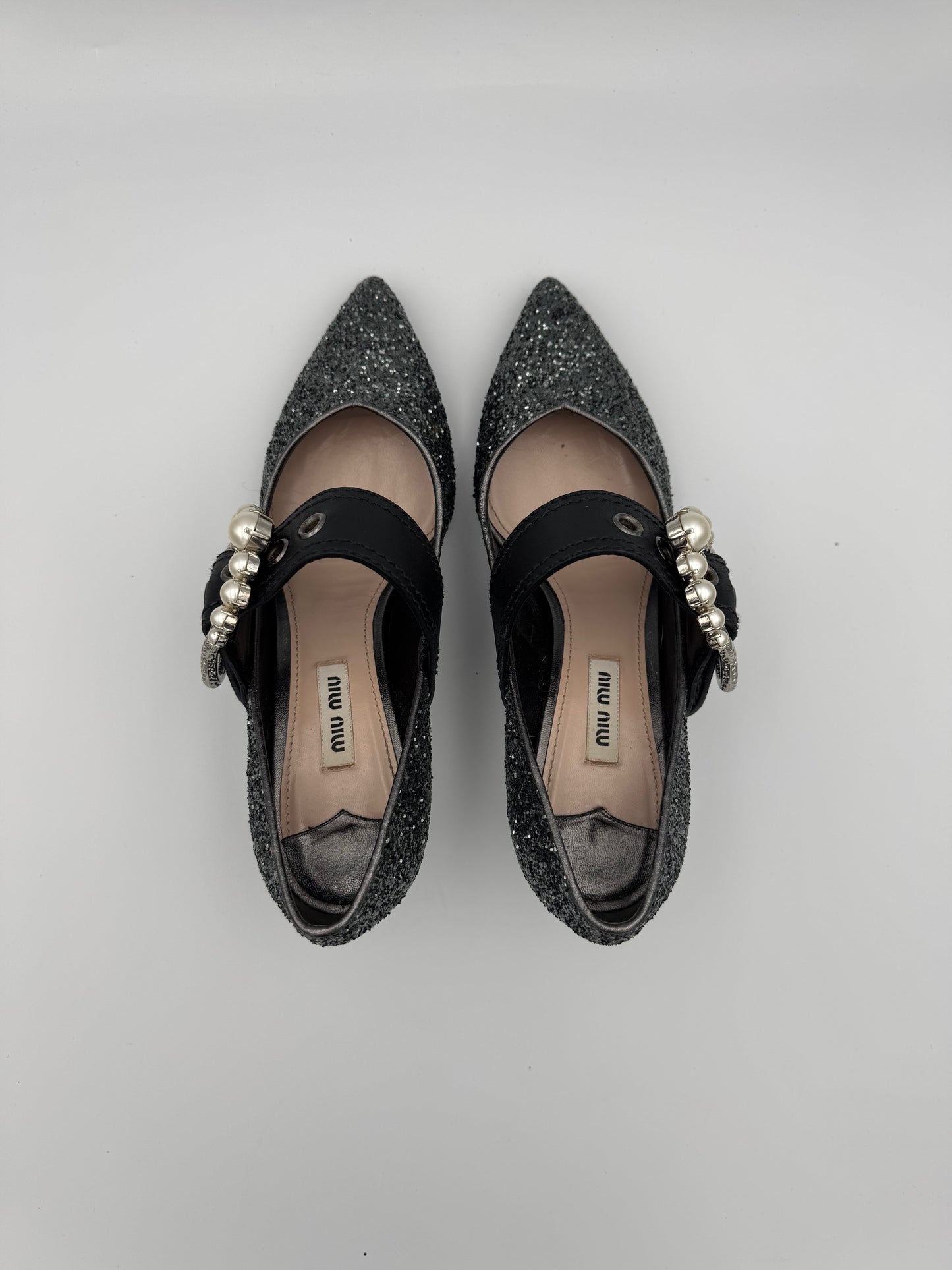 MIU MIU Glitter Pearl Buckle Detail Heels Size 36.5