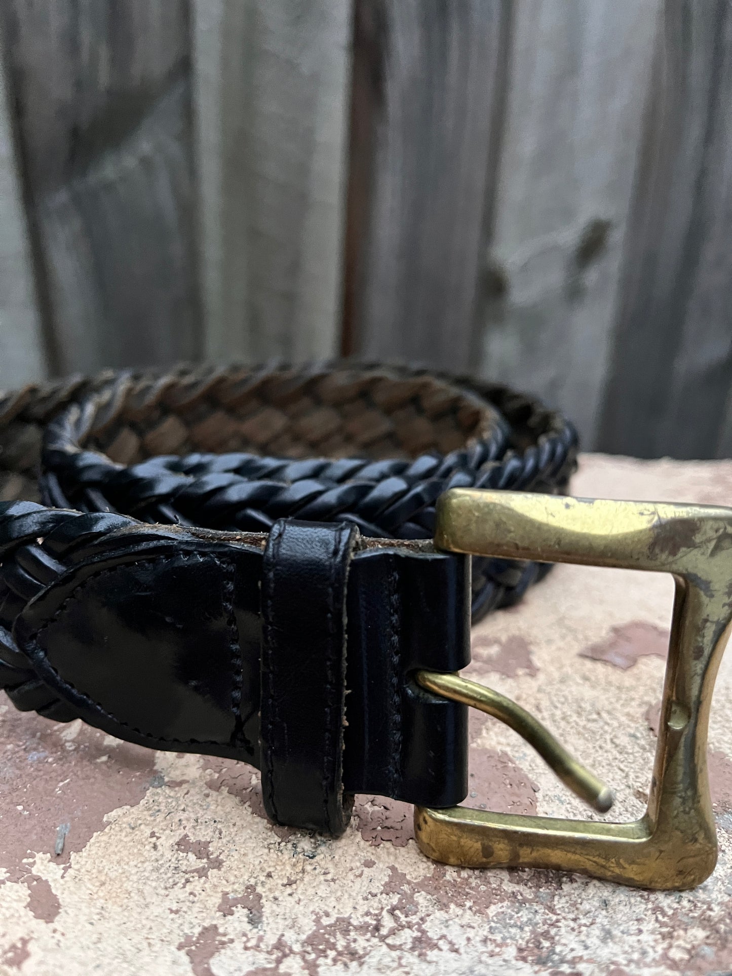 Le Sac De Mode Black Braided Leather Brass Buckle Belt Size 32
