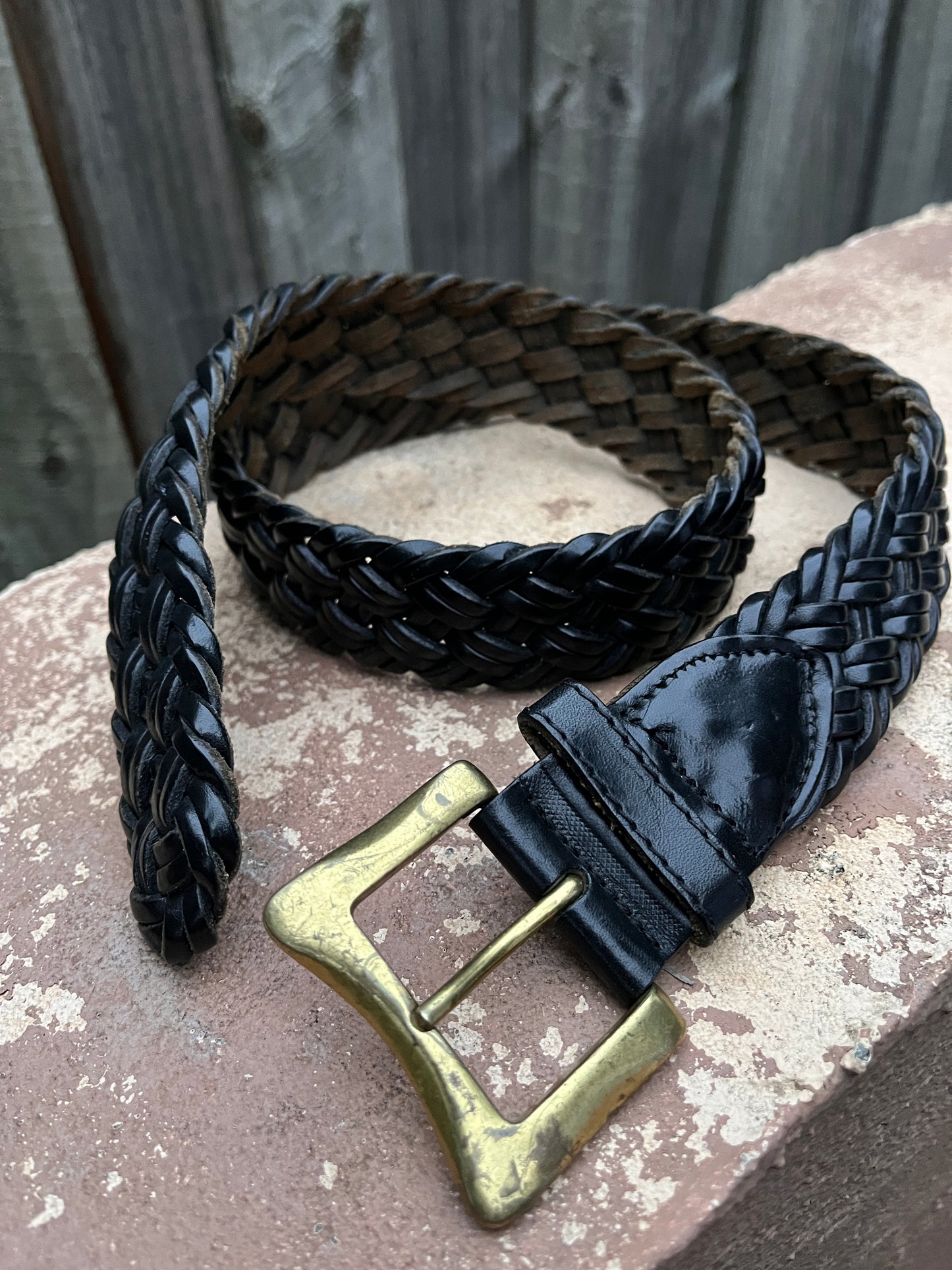 Le Sac De Mode Black Braided Leather Brass Buckle Belt Size 32