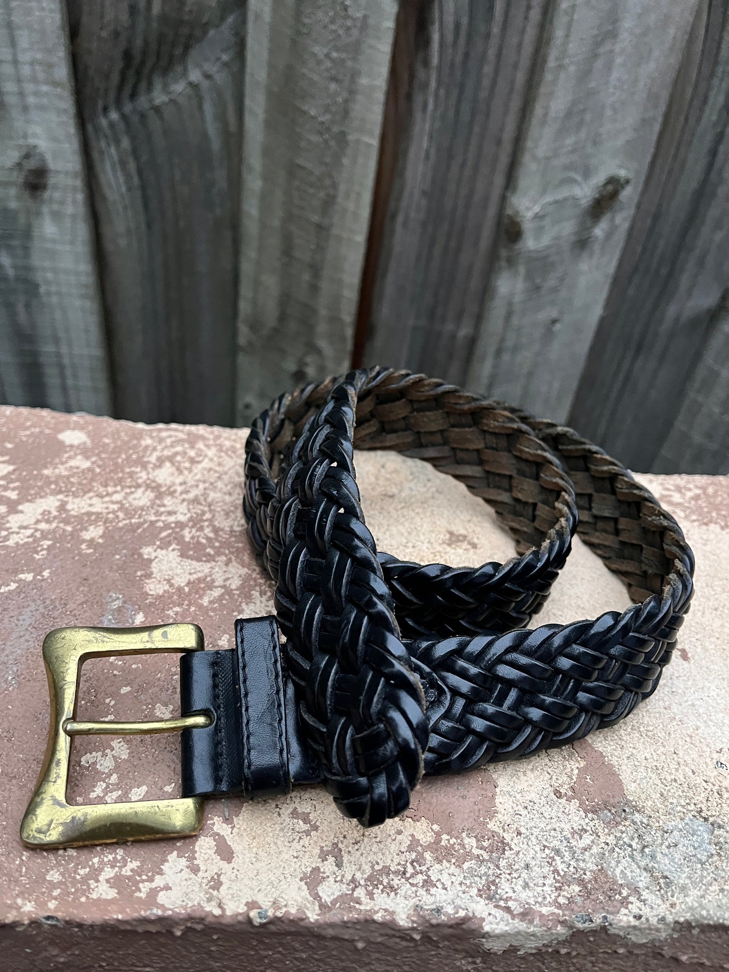 Le Sac De Mode Black Braided Leather Brass Buckle Belt Size 32