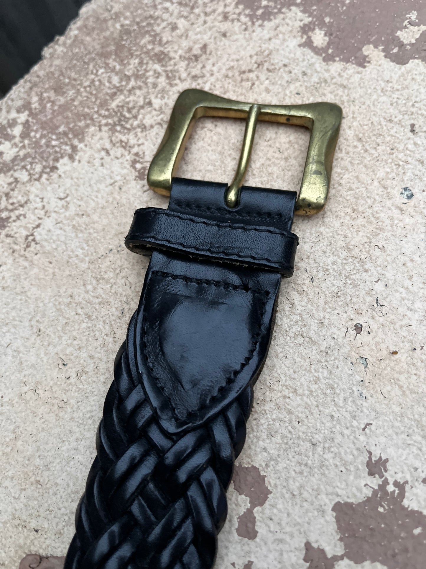 Le Sac De Mode Black Braided Leather Brass Buckle Belt Size 32