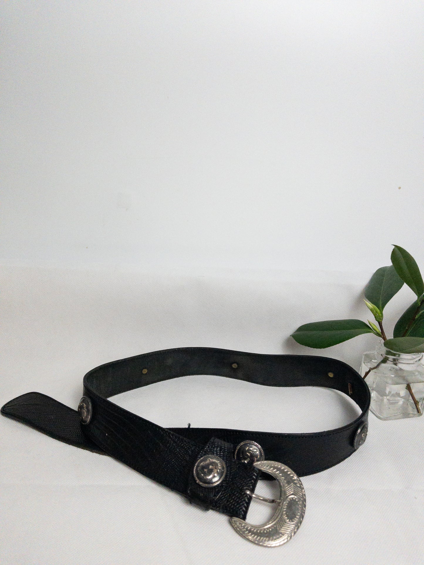 Silver Half Moon Black Embossed Leather Belt