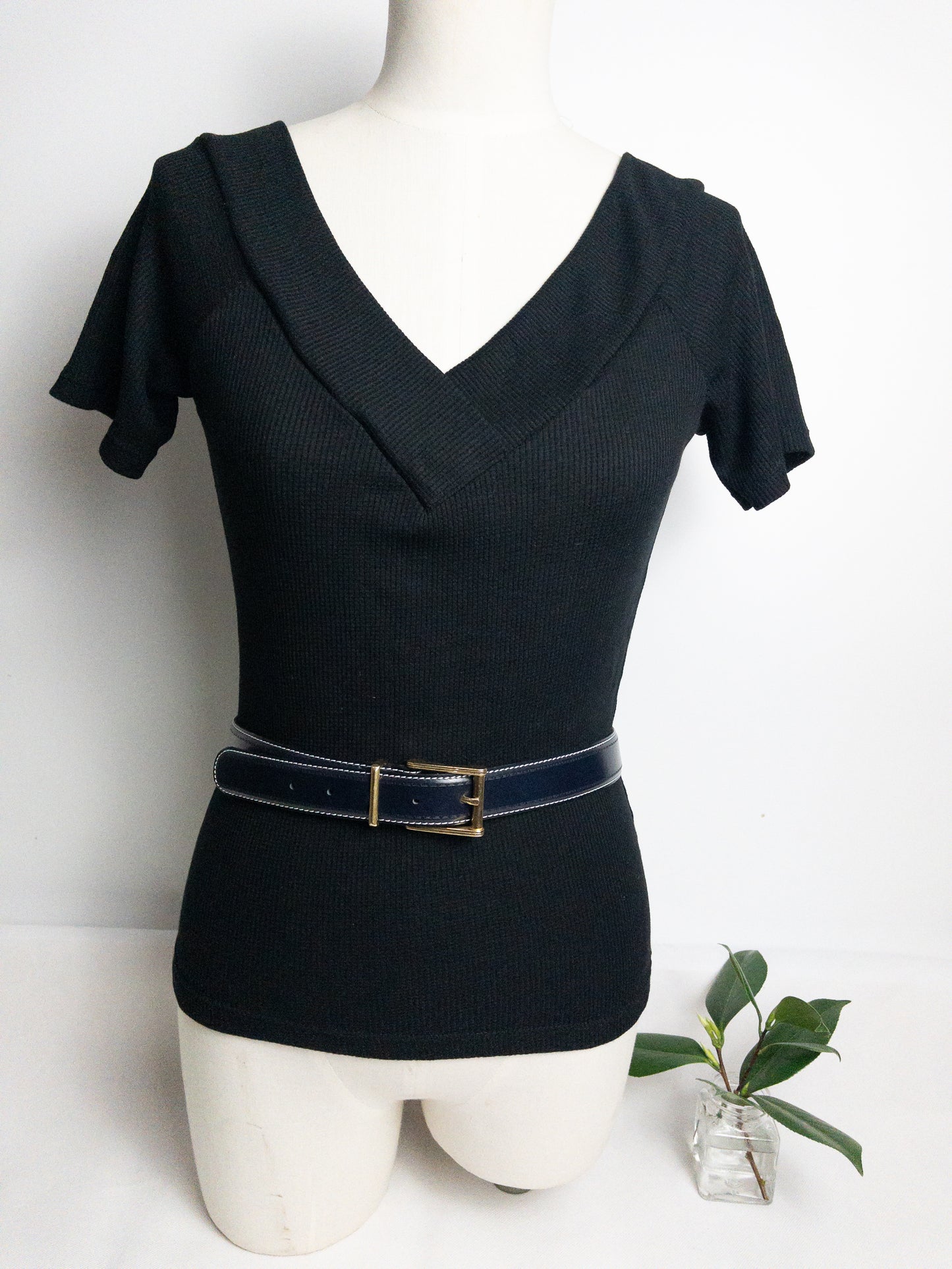 Vintage Navy Leather Belt White Stitching Gold Hardware S/M