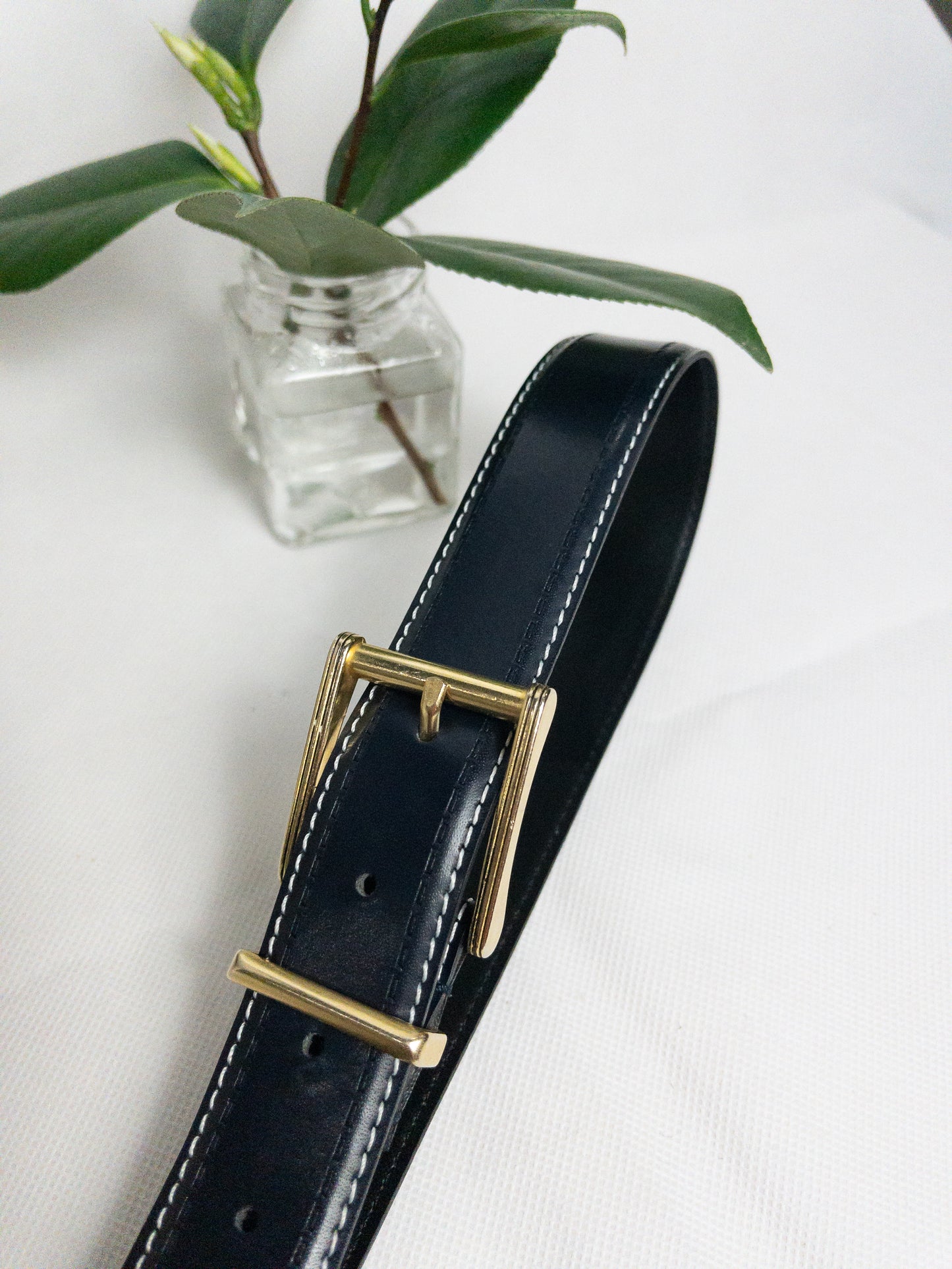 Vintage Navy Leather Belt White Stitching Gold Hardware S/M