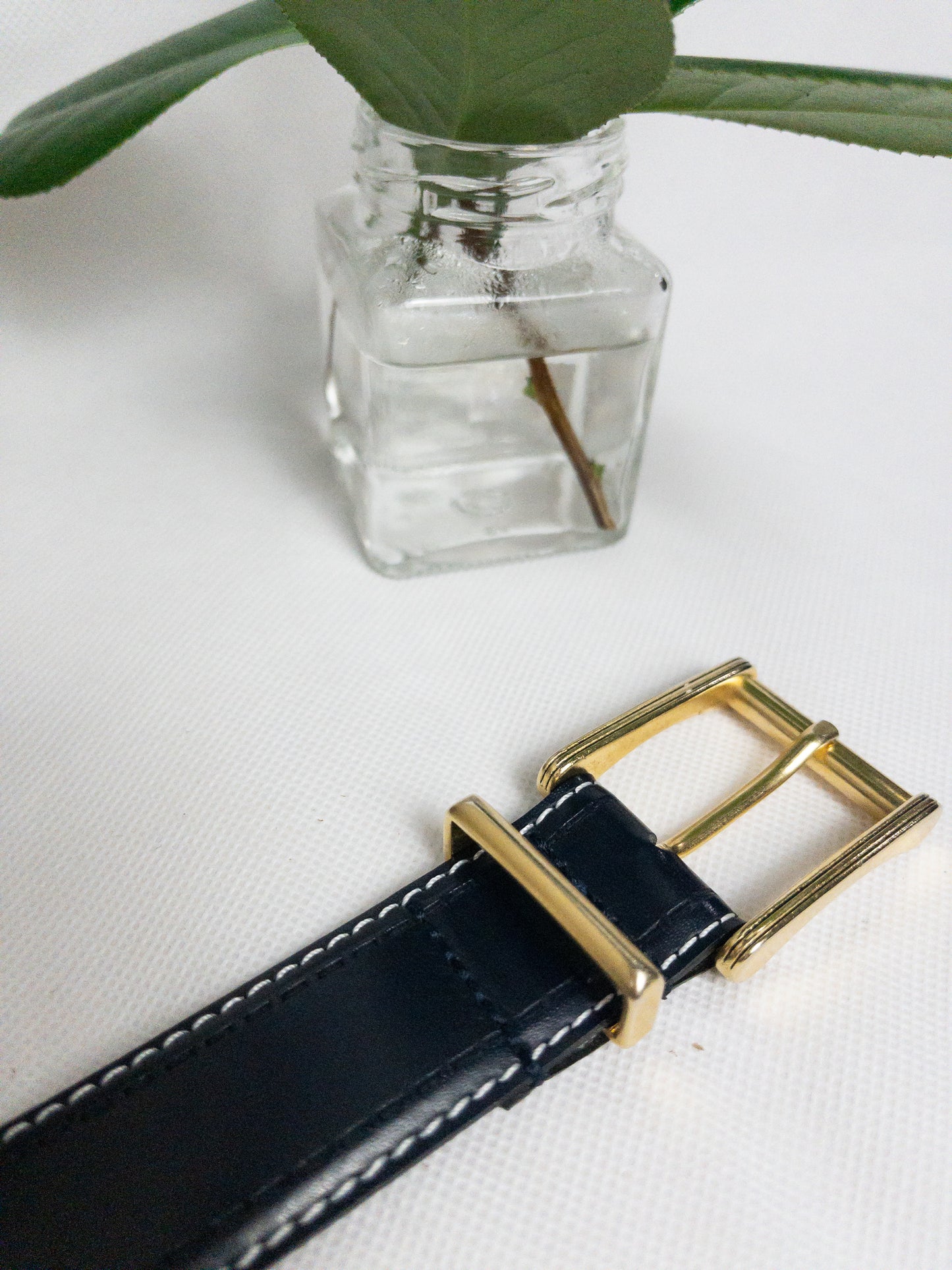 Vintage Navy Leather Belt White Stitching Gold Hardware S/M