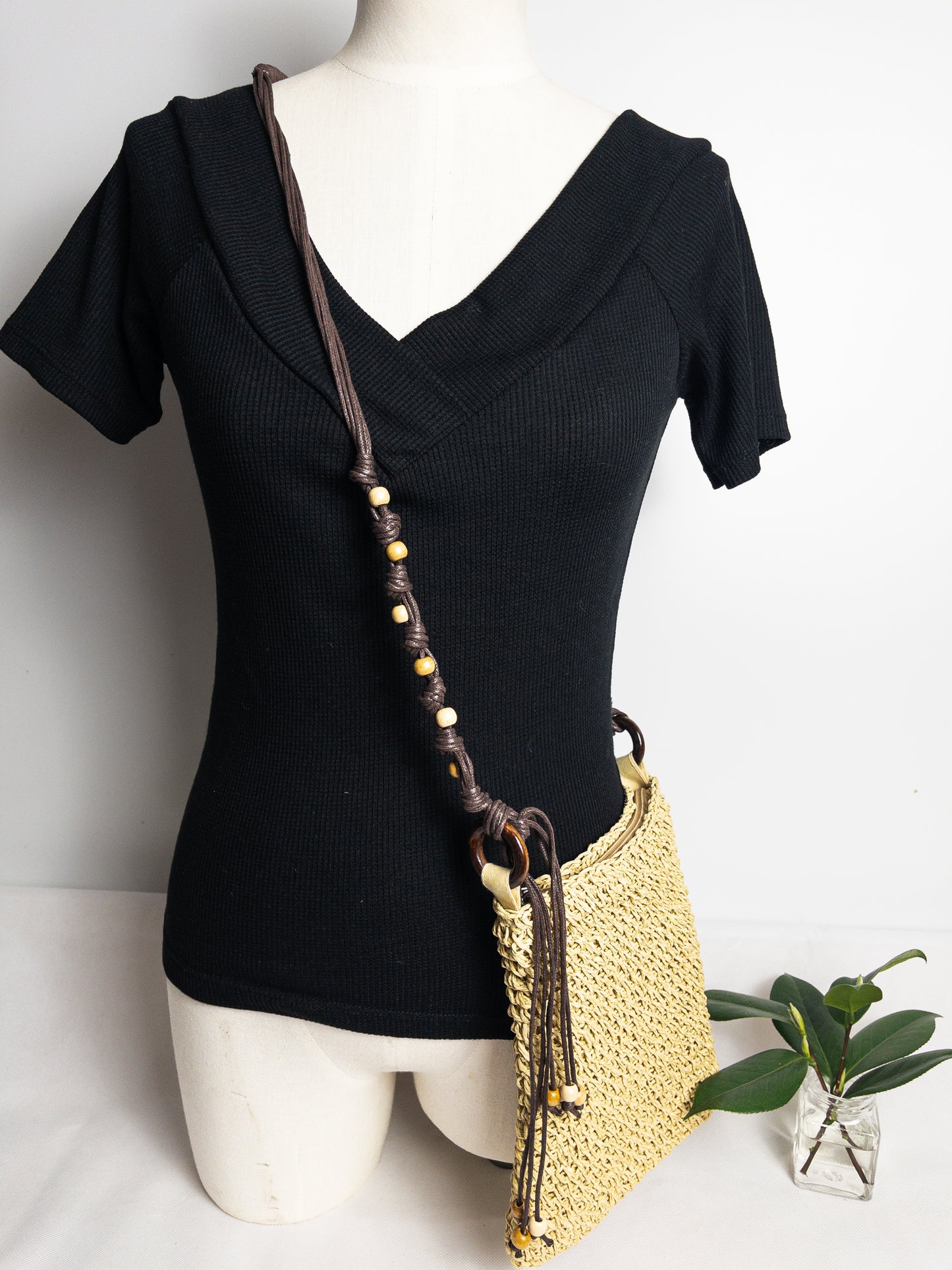 Natural Straw Crossbody Bag with Wooden Beads