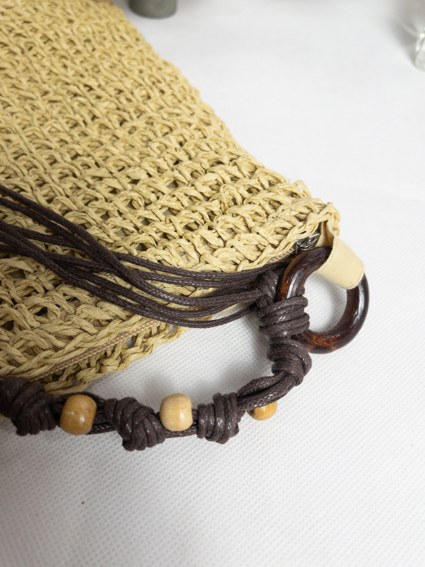 Natural Straw Crossbody Bag with Wooden Beads