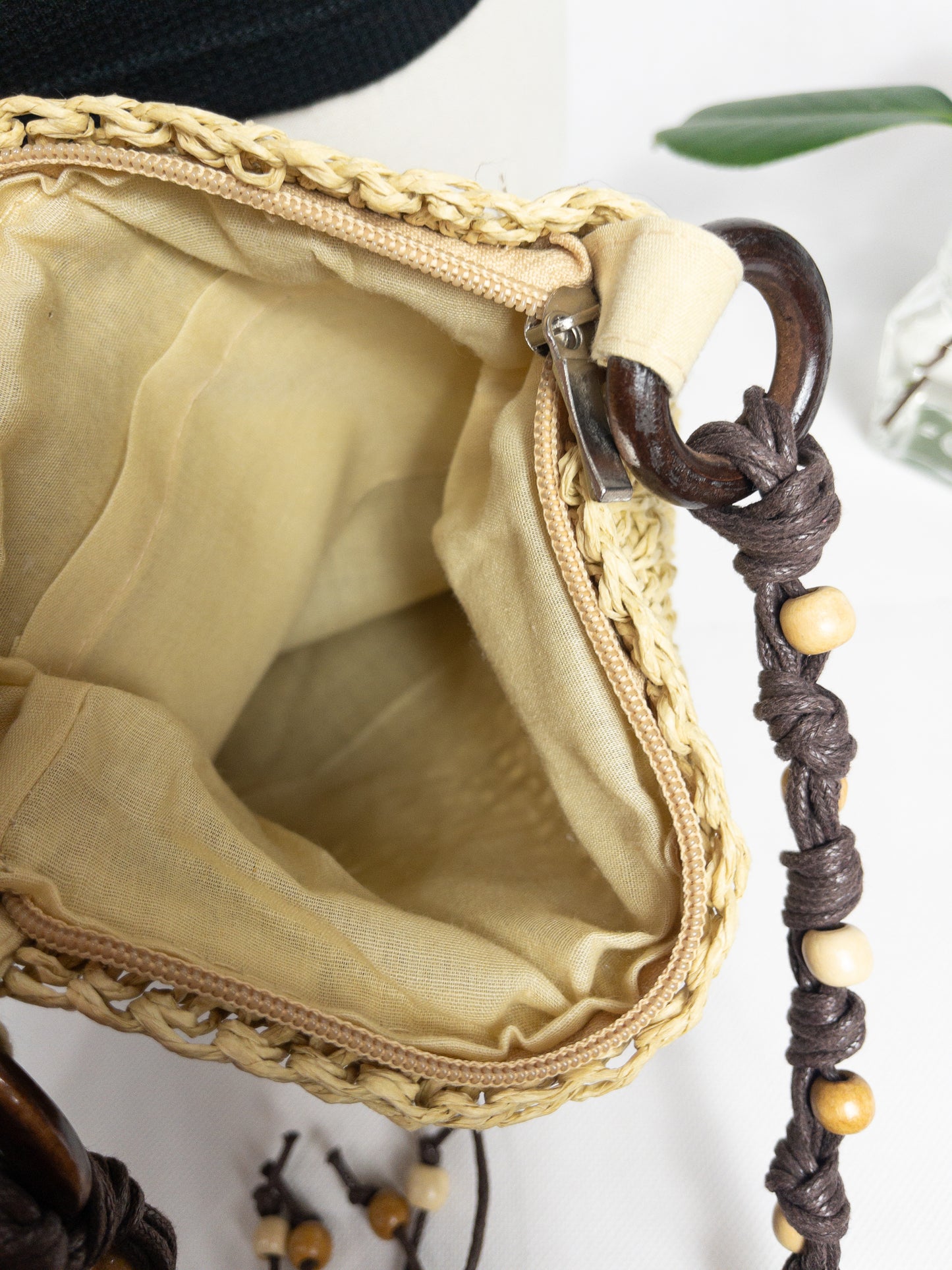 Natural Straw Crossbody Bag with Wooden Beads