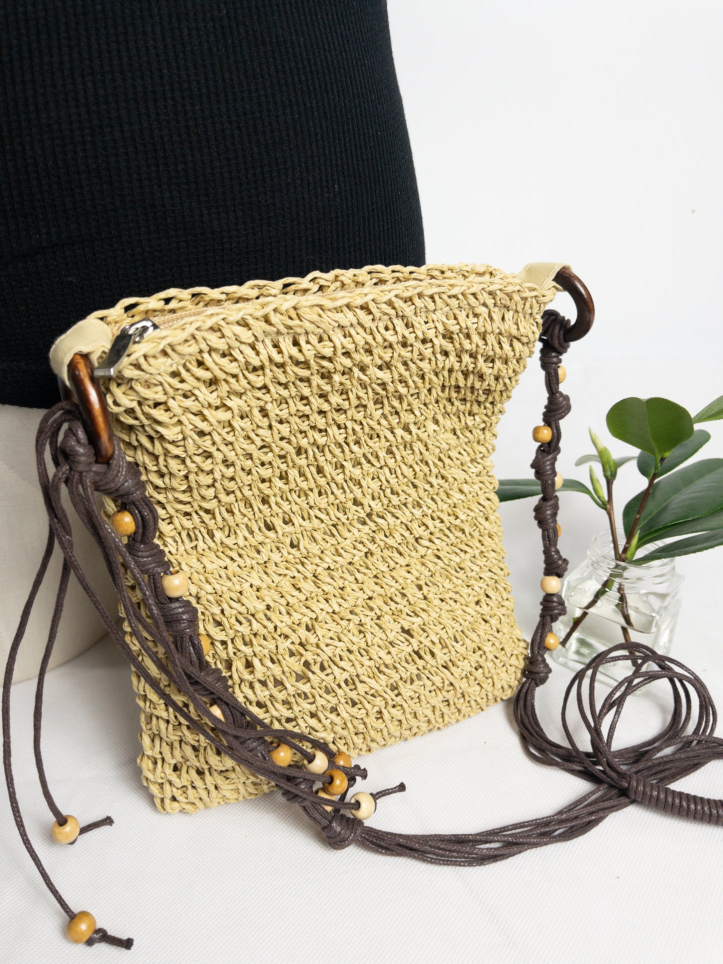 Natural Straw Crossbody Bag with Wooden Beads