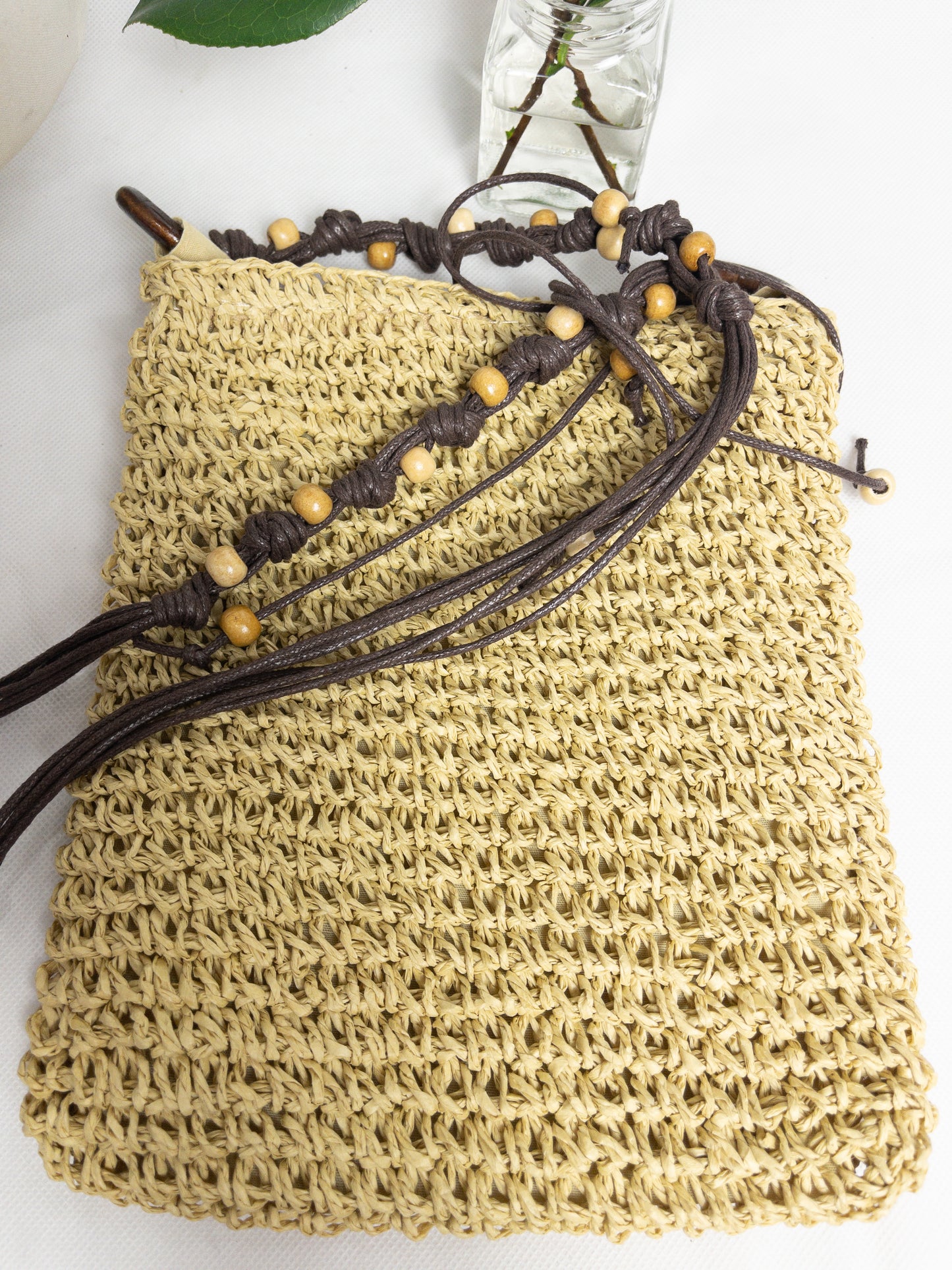 Natural Straw Crossbody Bag with Wooden Beads