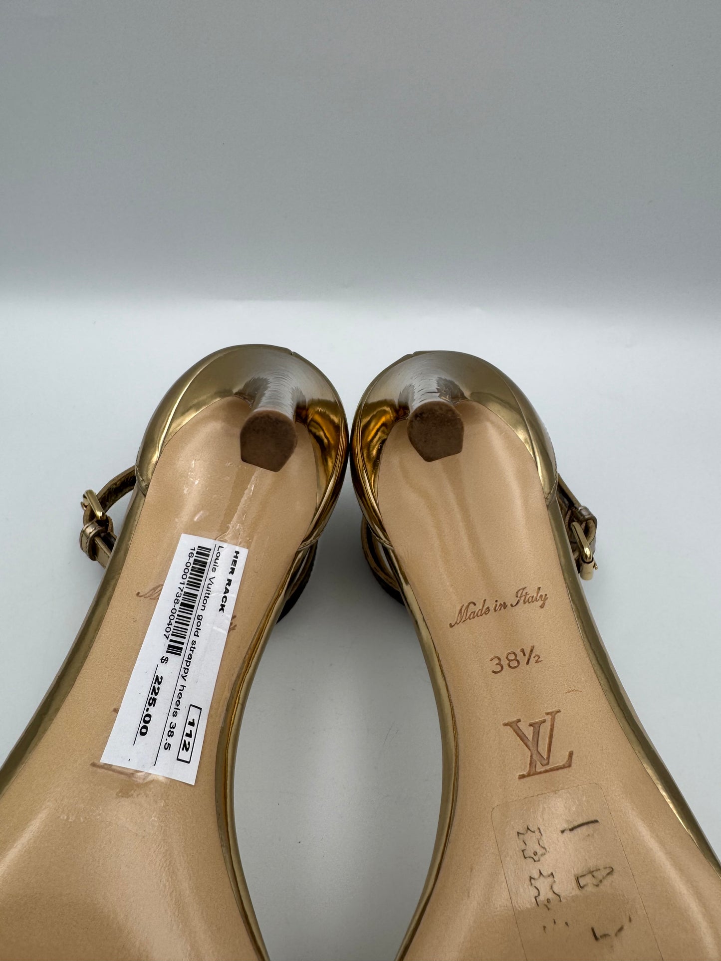 LOUIS VUITTON Gold Strappy Heels 38.5