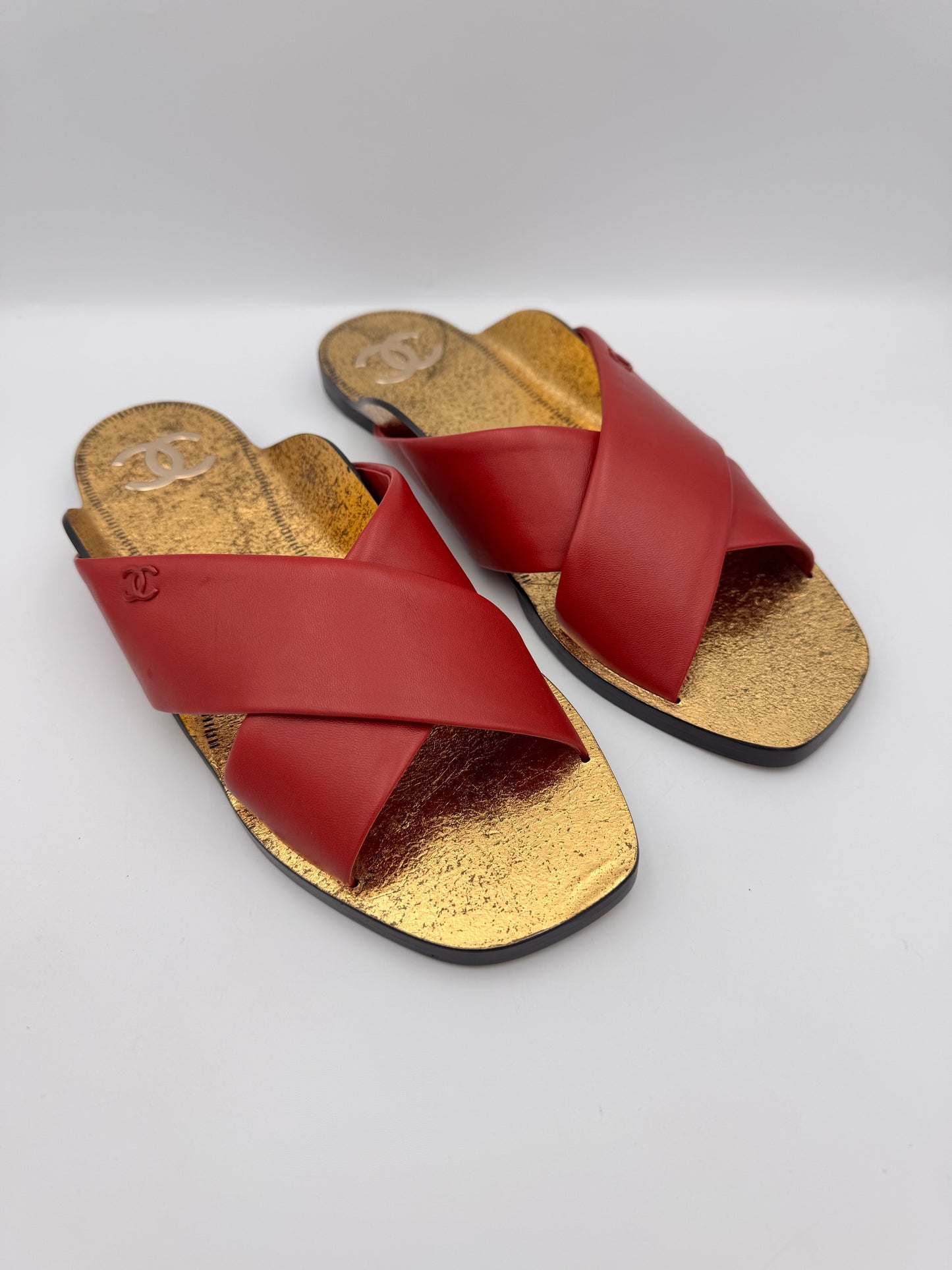 Chanel Red Lambskin Leather Mules Size 41C