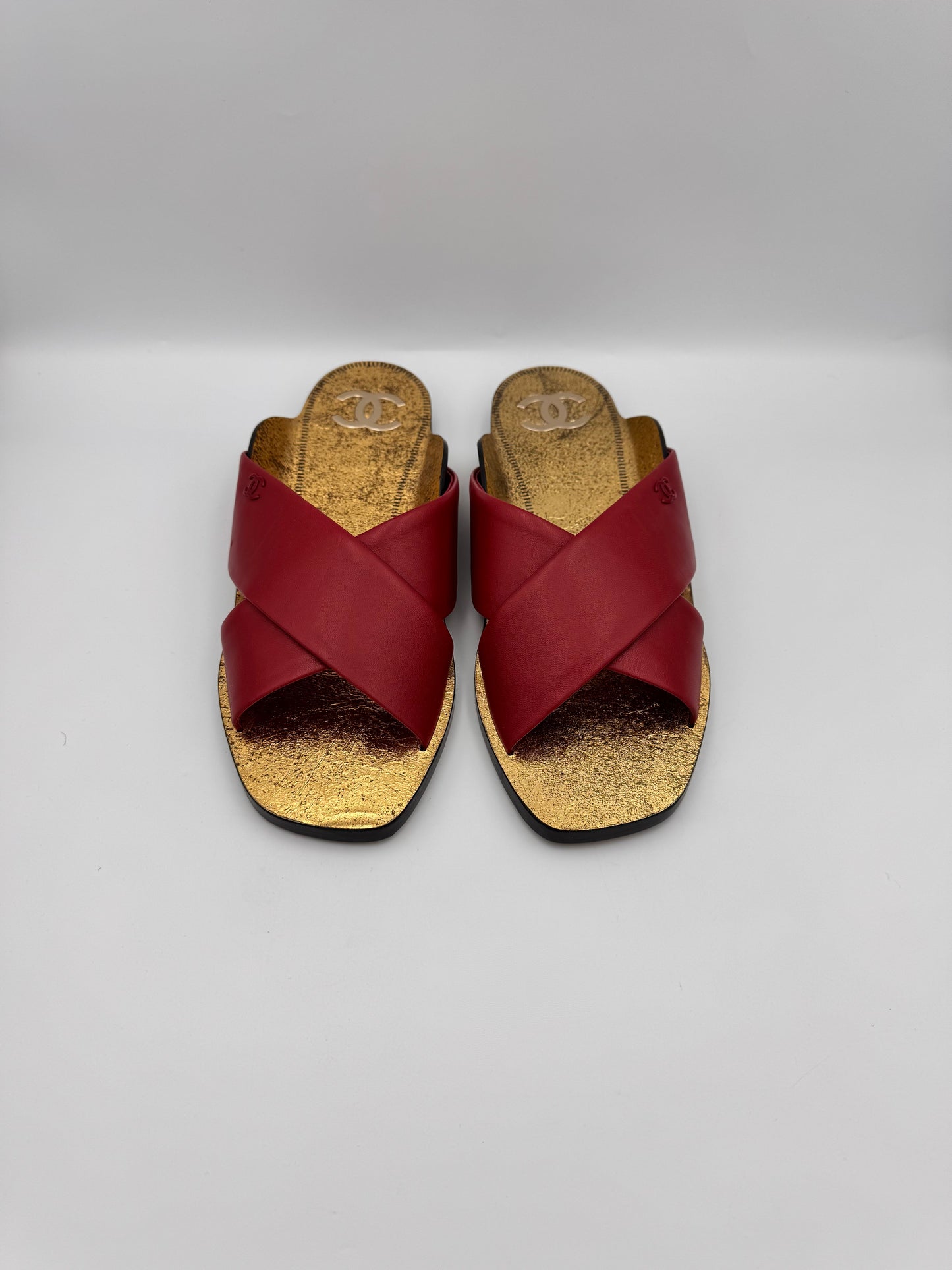 Chanel Red Lambskin Leather Mules Size 41C