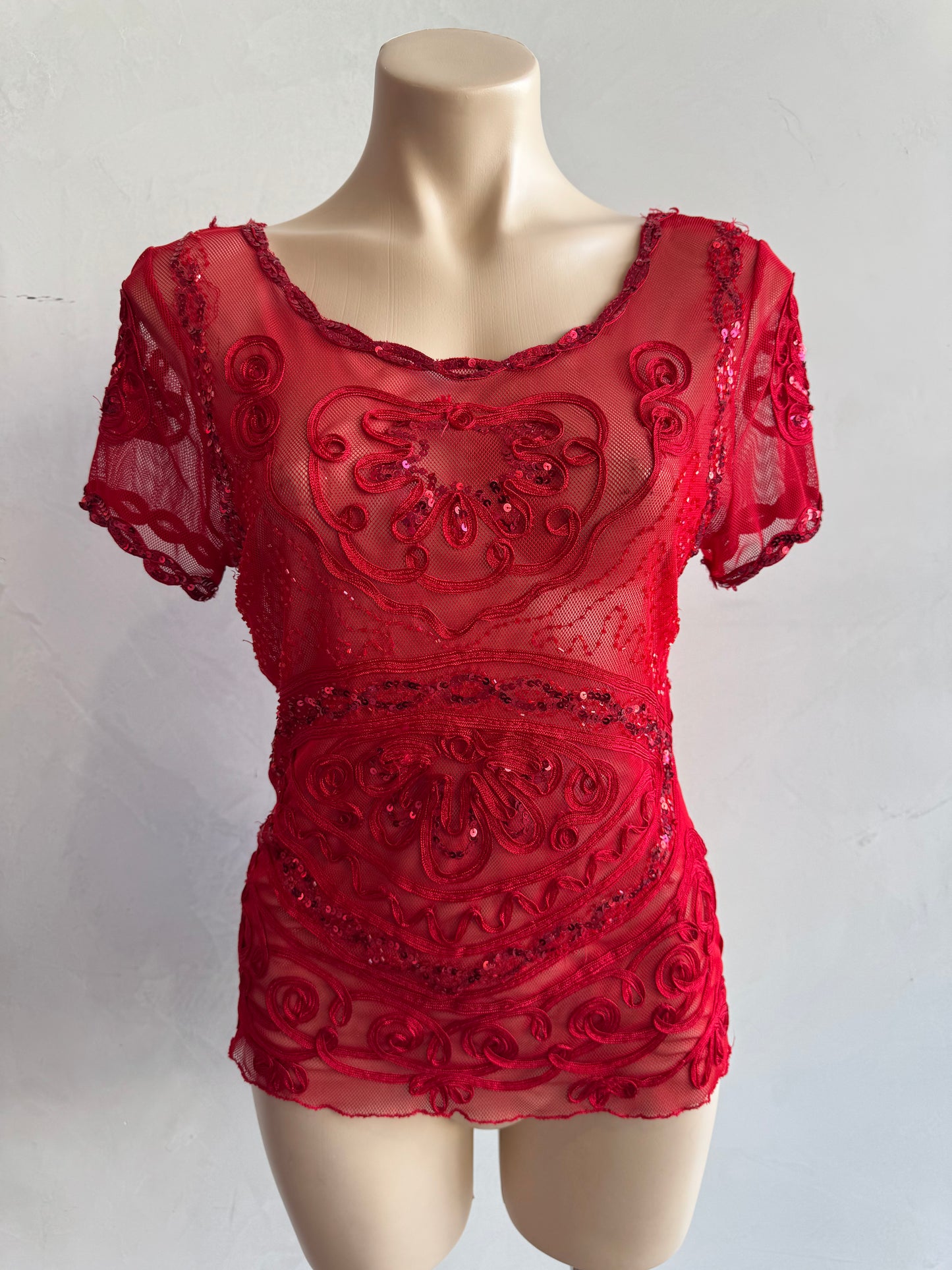 Red Embellished Red Mesh Top - size M/L