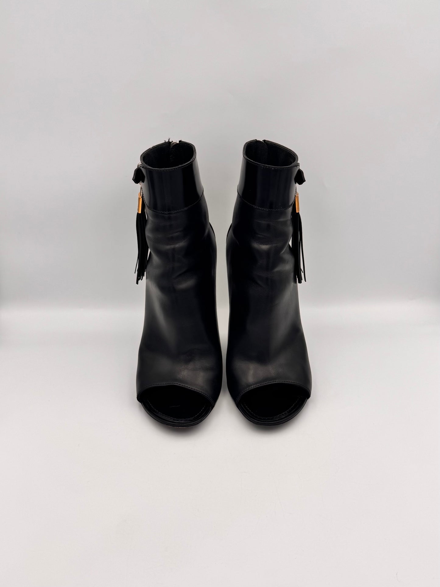 LOUIS VUITTON Black Tassel Peeptoe Booties Size 38.5