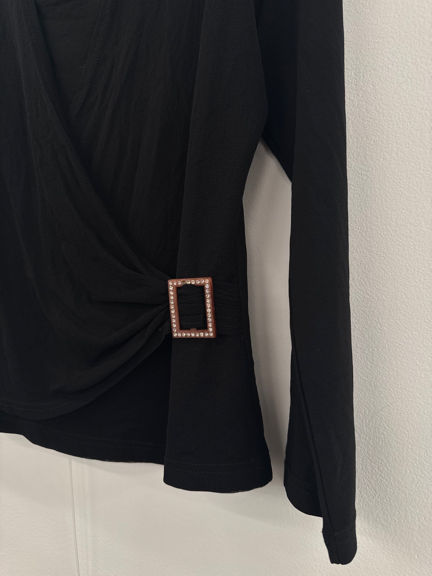 Black Mesh Wrap Top with Bling Buckle - Size S